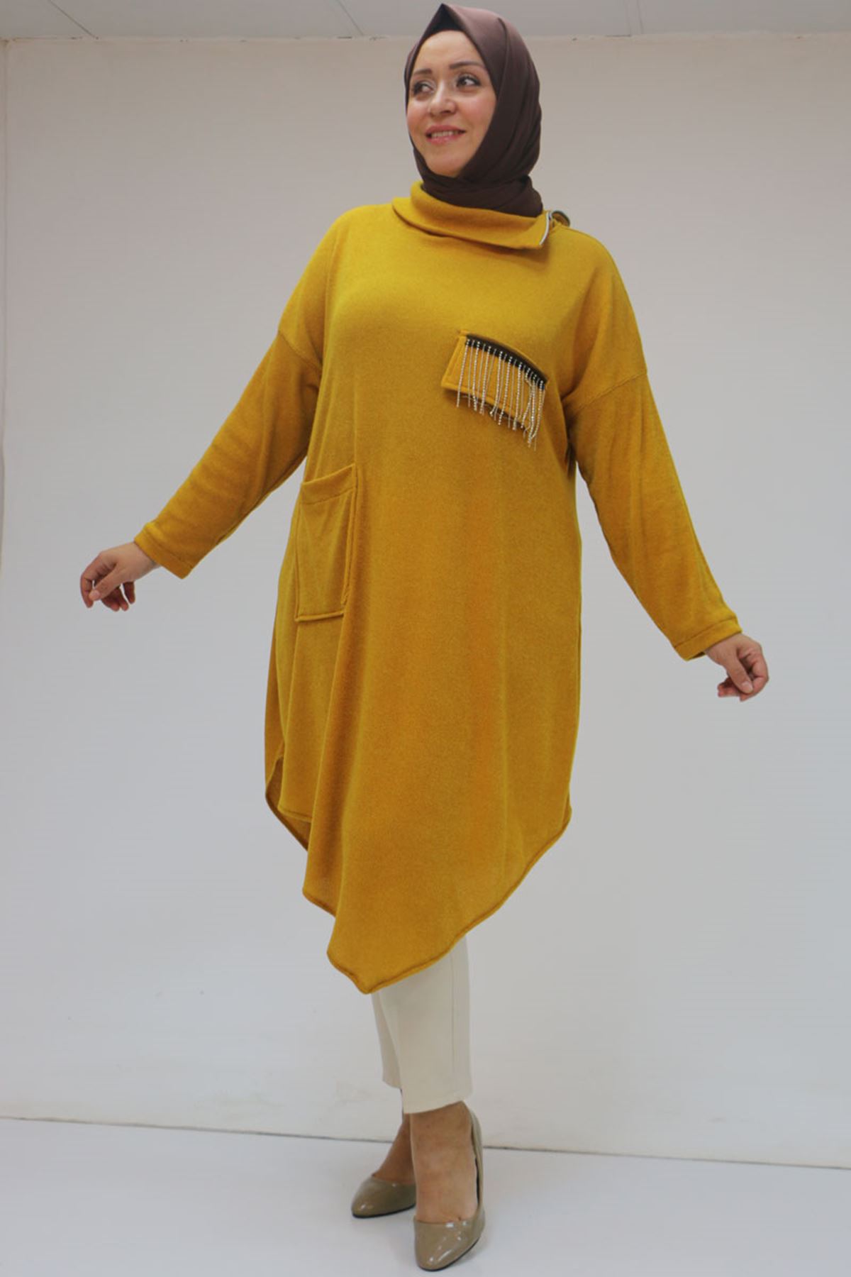 48095 Büyük Beden Yakası Fermuar Detaylı Mir Tunik - Hardal