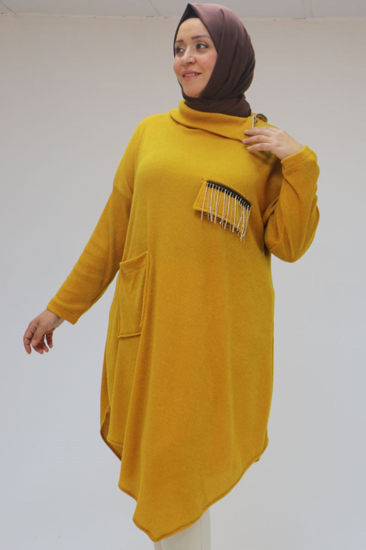 48095 Büyük Beden Yakası Fermuar Detaylı Mir Tunik - Hardal