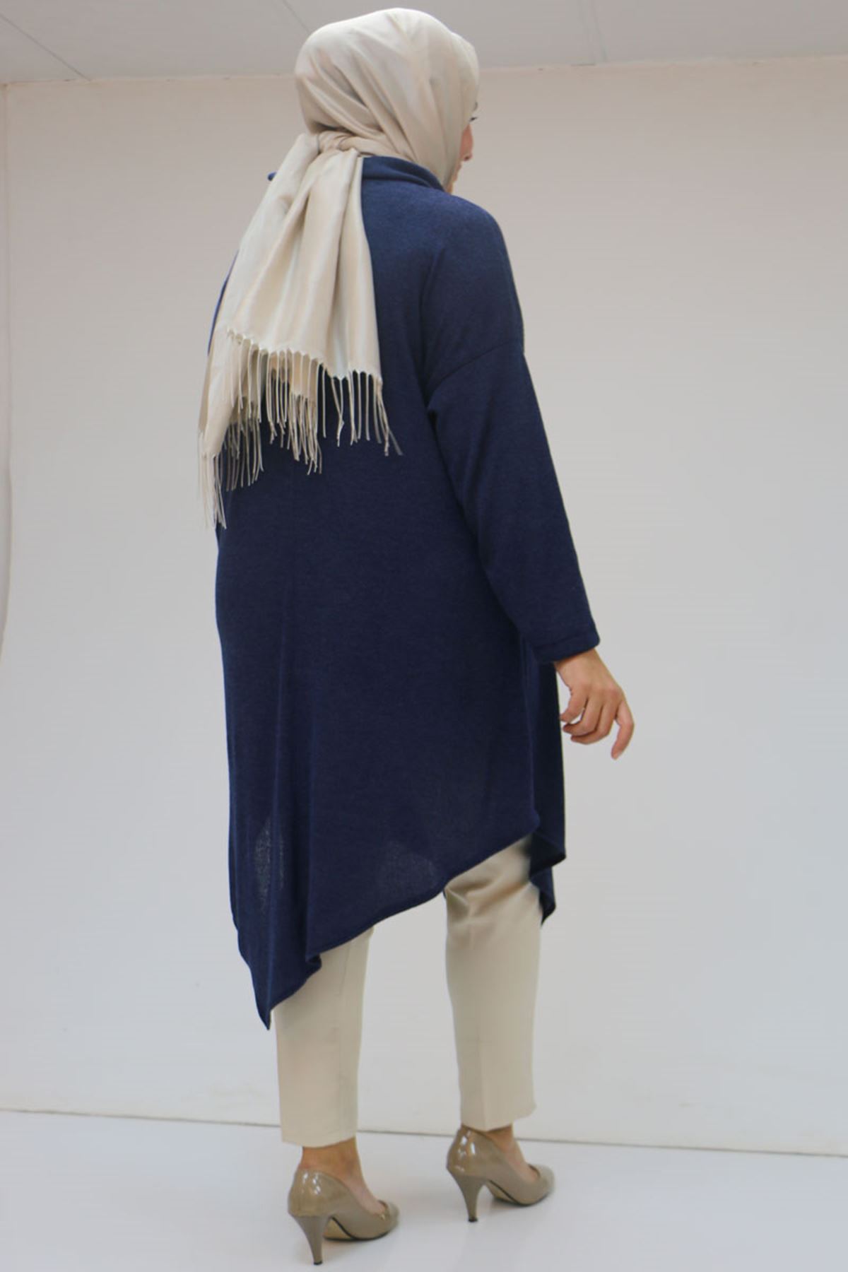 48095 Büyük Beden Yakası Fermuar Detaylı Mir Tunik - İndigo