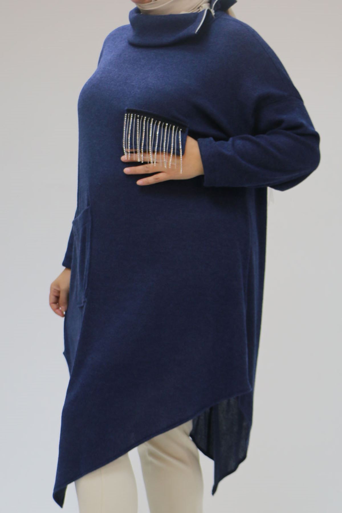 48095 Büyük Beden Yakası Fermuar Detaylı Mir Tunik - İndigo