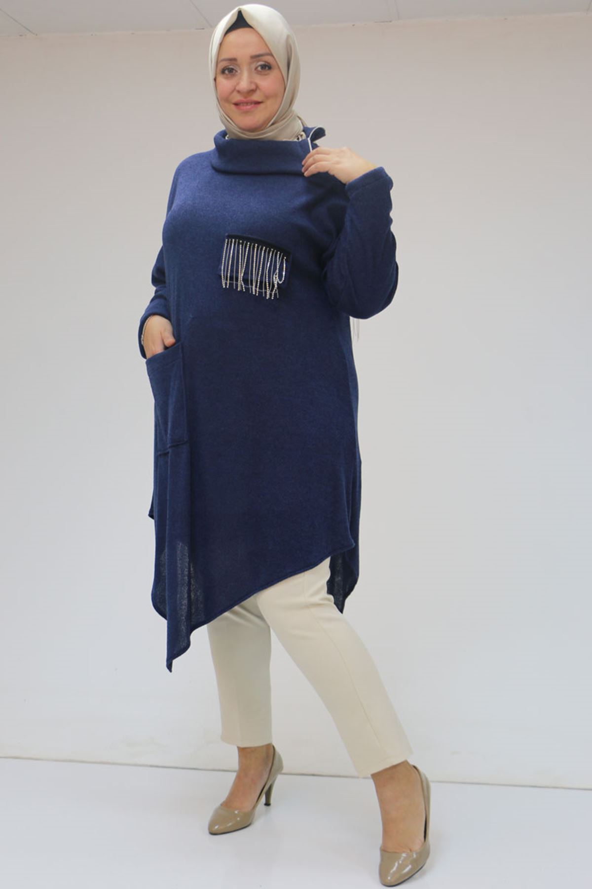 48095 Büyük Beden Yakası Fermuar Detaylı Mir Tunik - İndigo