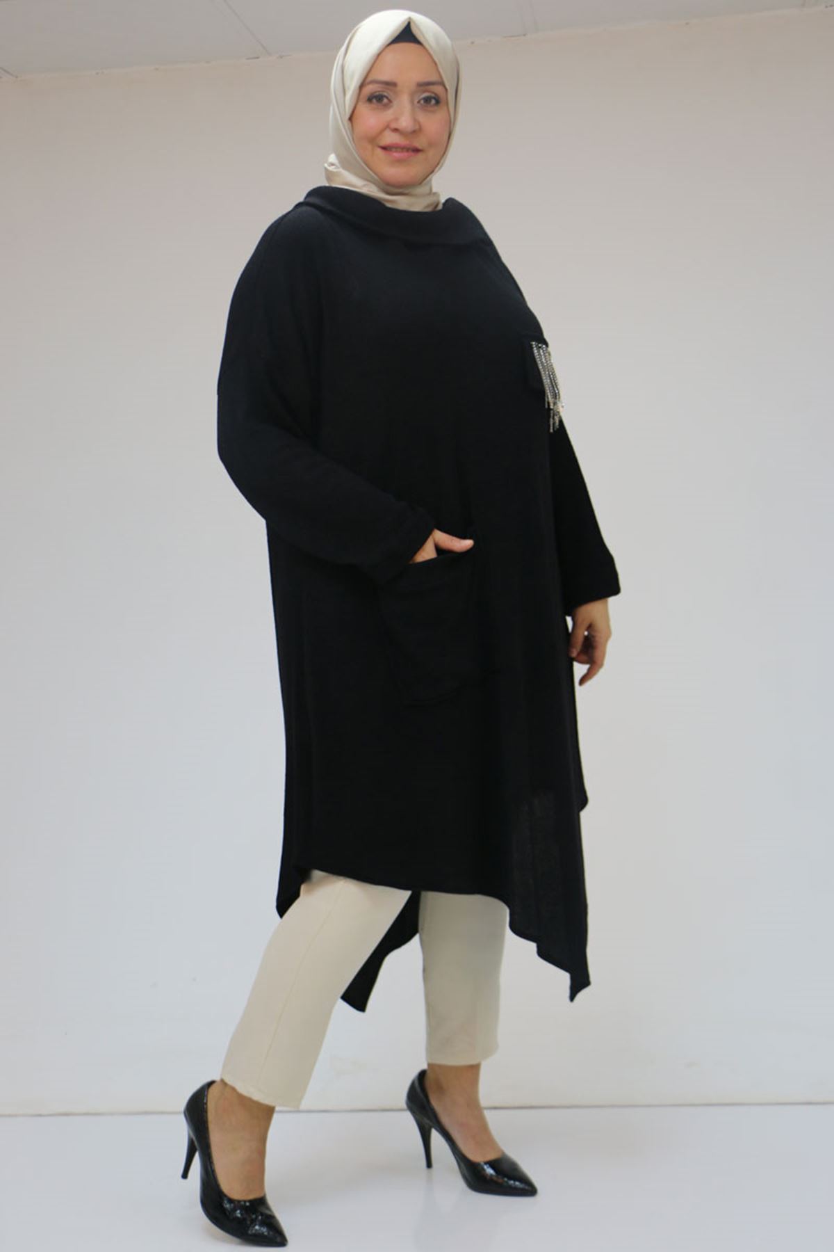 48095 Büyük Beden Yakası Fermuar Detaylı Mir Tunik - Siyah