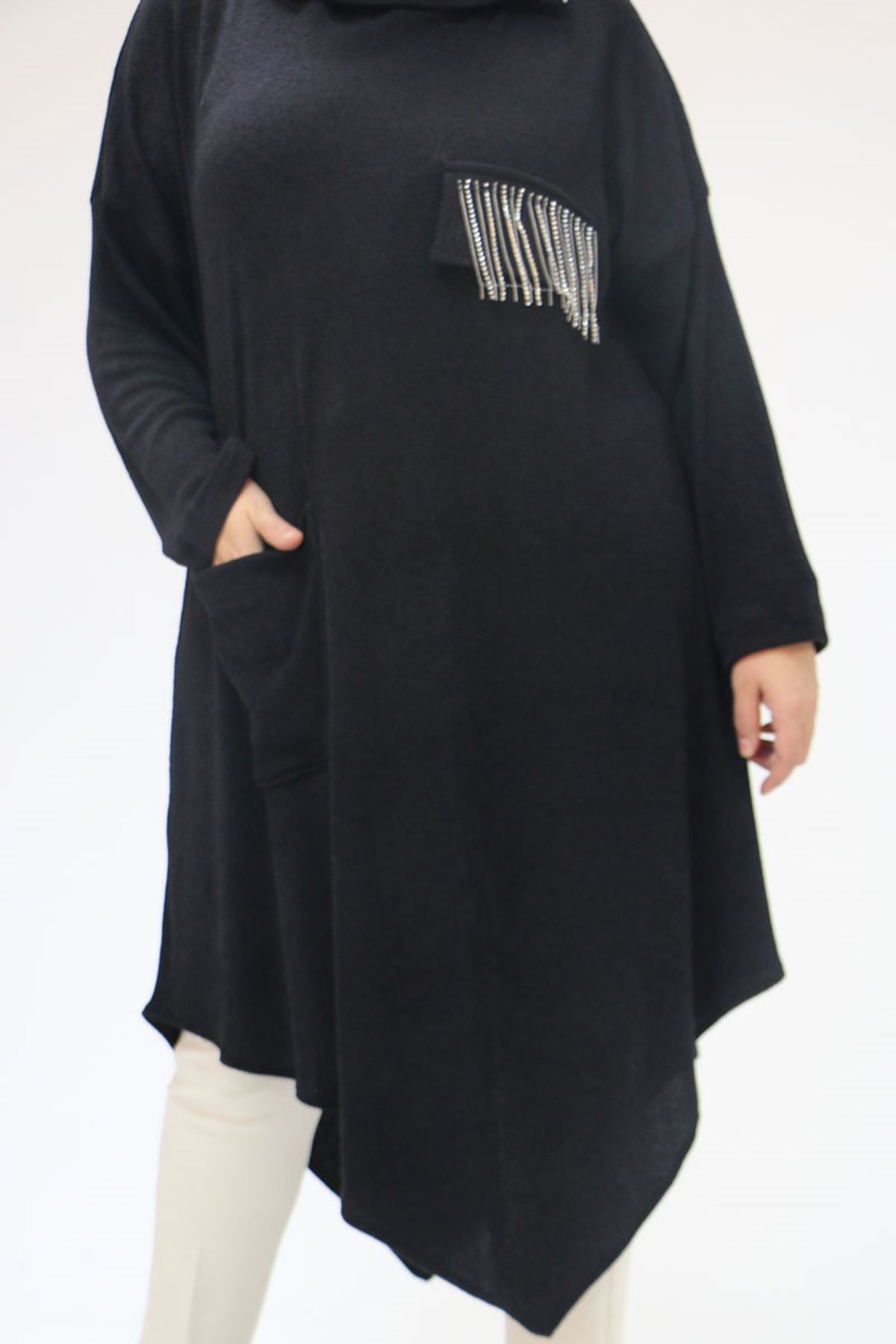 48095 Büyük Beden Yakası Fermuar Detaylı Mir Tunik - Siyah