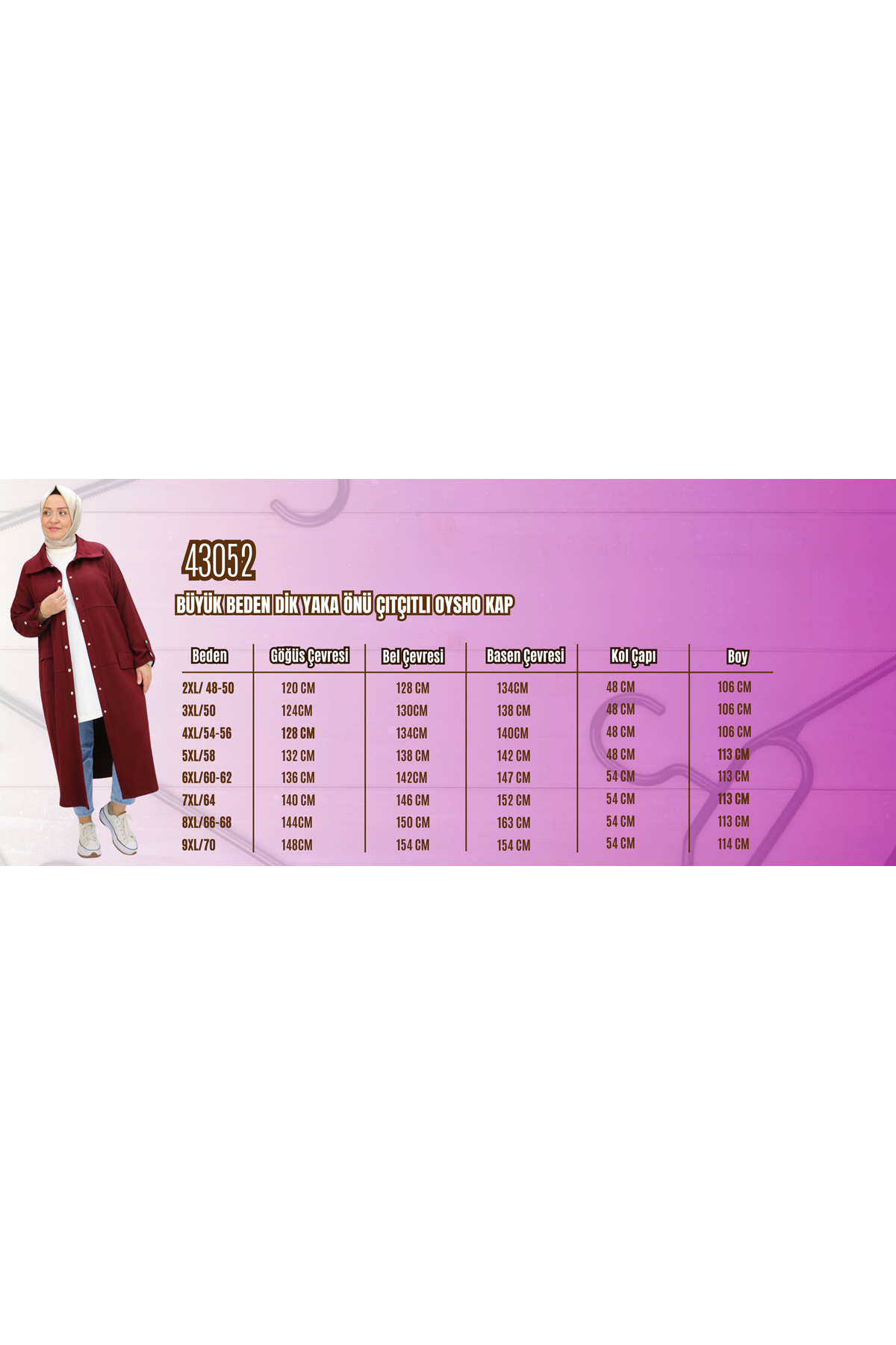 43052 Büyük Beden Dik Yaka Önü Çıtçıtlı Osyho Kap - Bordo