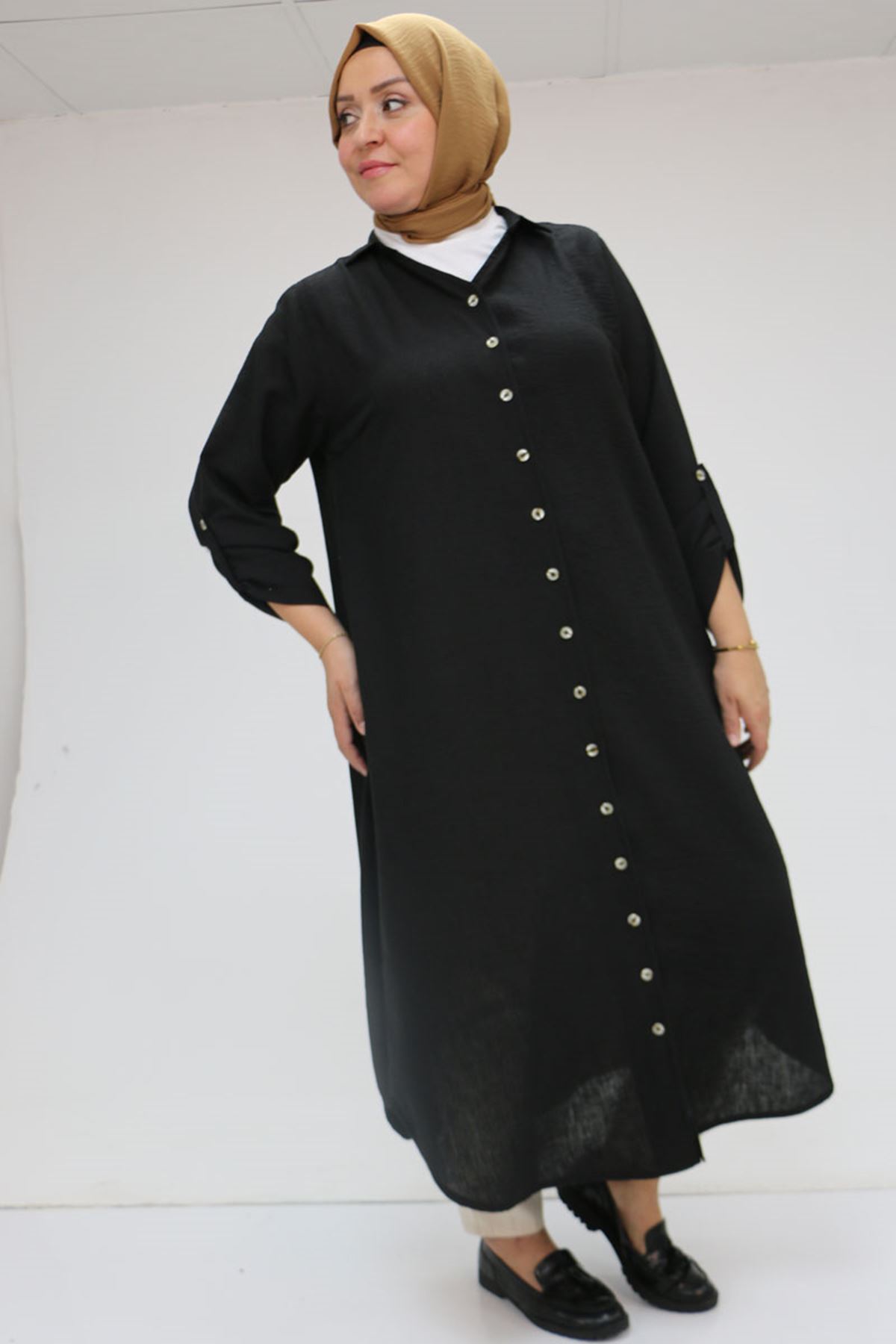 F-58073 Büyük Beden Kolları Katlamalı Erkek Yaka Keten Tunik - Siyah