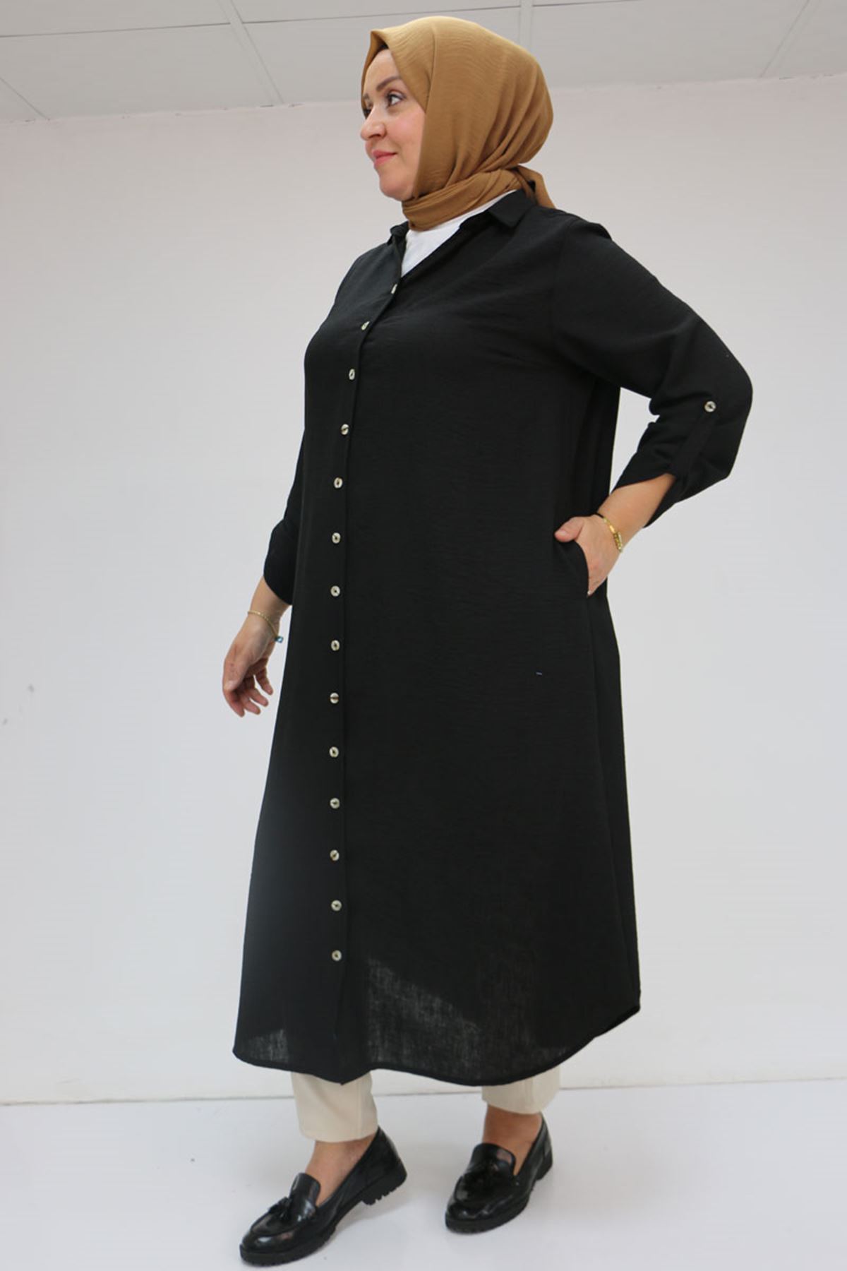 F-58073 Büyük Beden Kolları Katlamalı Erkek Yaka Keten Tunik - Siyah