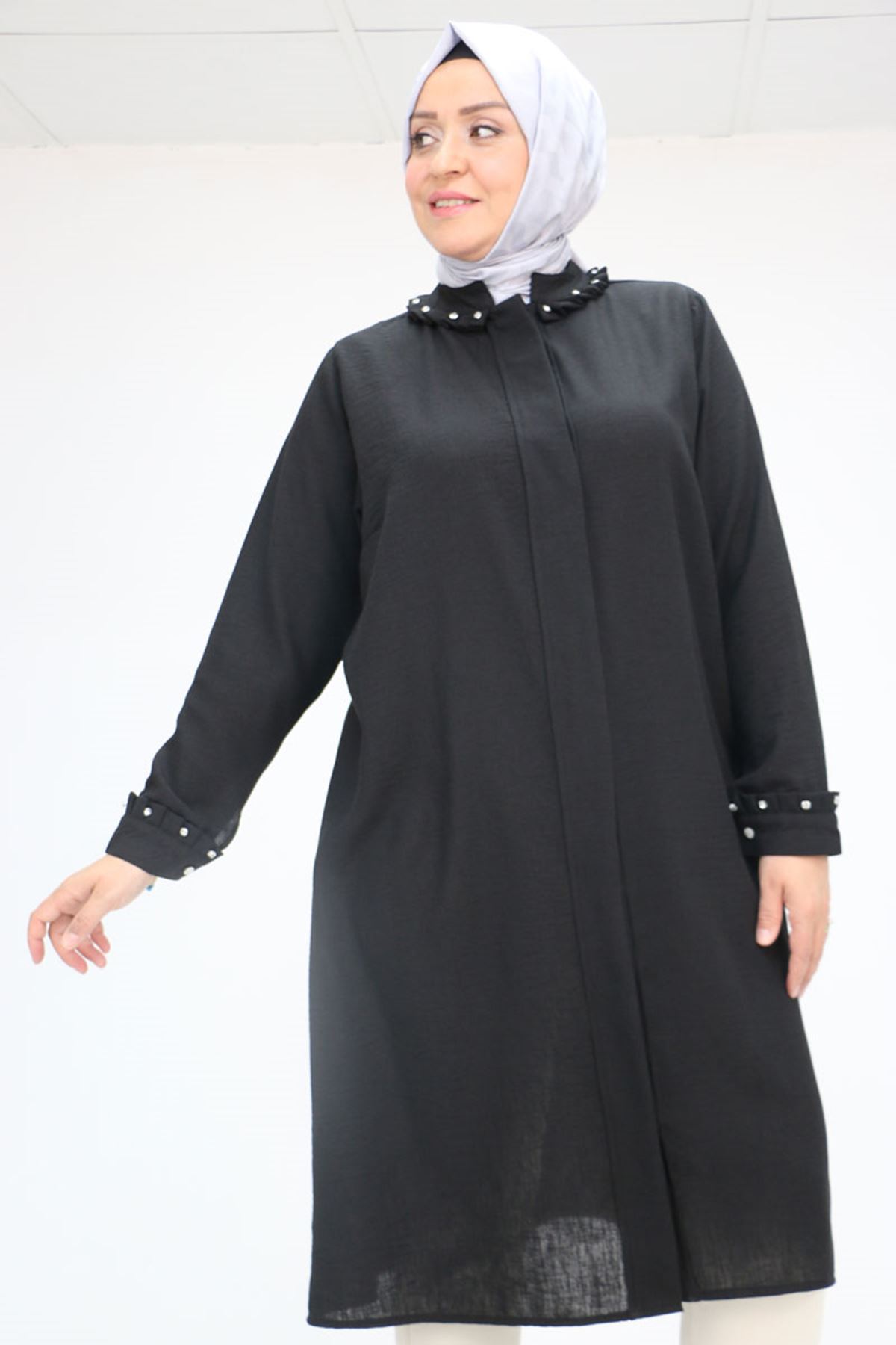 F-58024 Büyük Beden Yaka Ve Kol Manşeti Taşlı Keten Tunik - Siyah