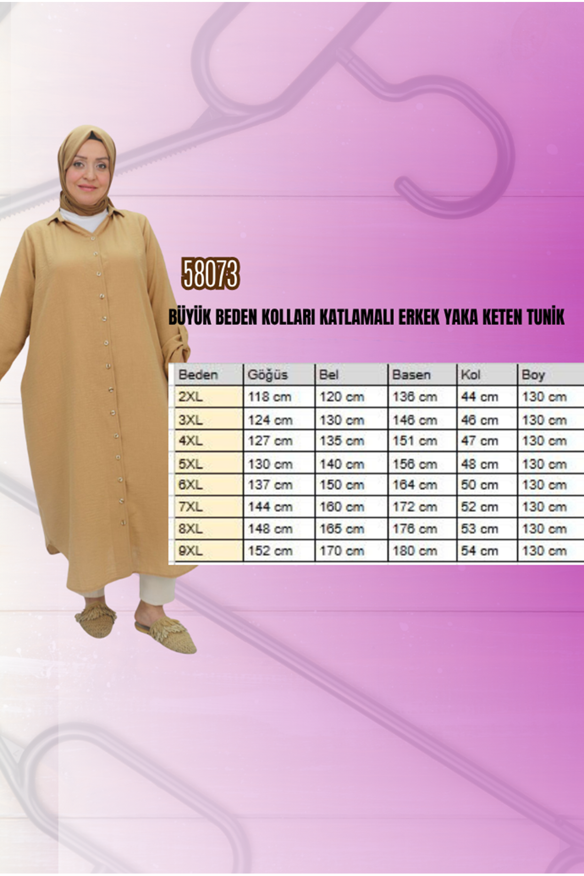 F-58073 Büyük Beden Kolları Katlamalı Erkek Yaka Keten Tunik - Taba