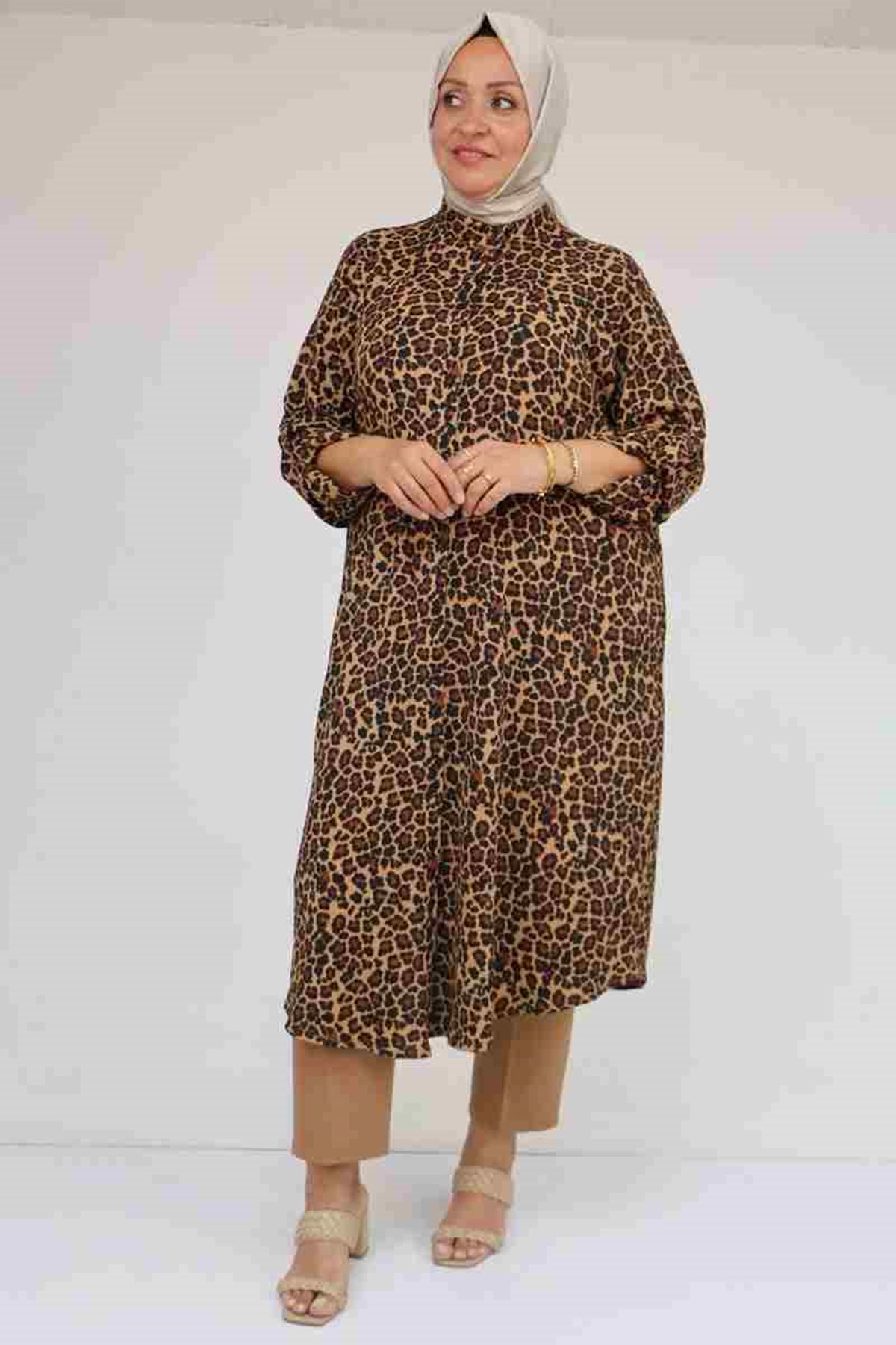 F-58097 Büyük Beden Desenli Bürümcük Düğmeli Gömlek - Siyah-Leopar
