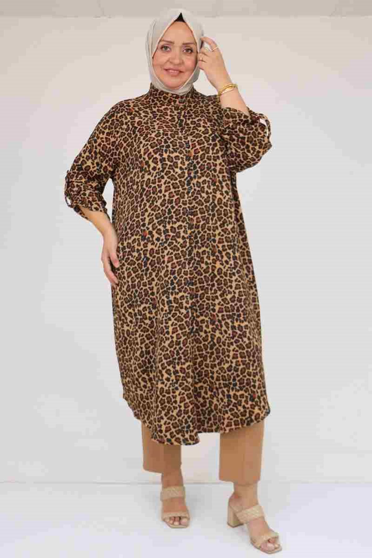 F-58097 Büyük Beden Desenli Bürümcük Düğmeli Gömlek - Siyah-Leopar