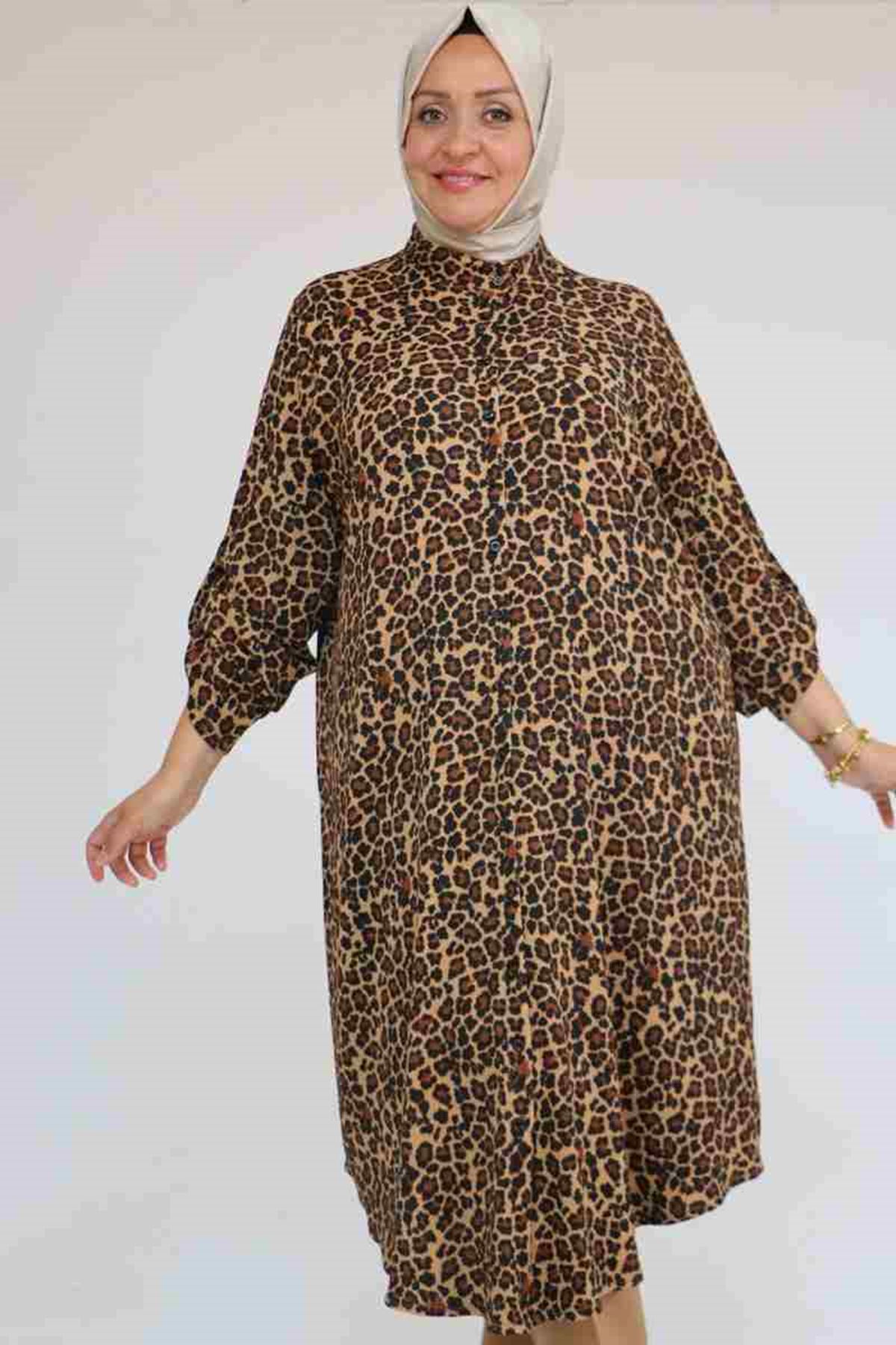 F-58097 Büyük Beden Desenli Bürümcük Düğmeli Gömlek - Siyah-Leopar