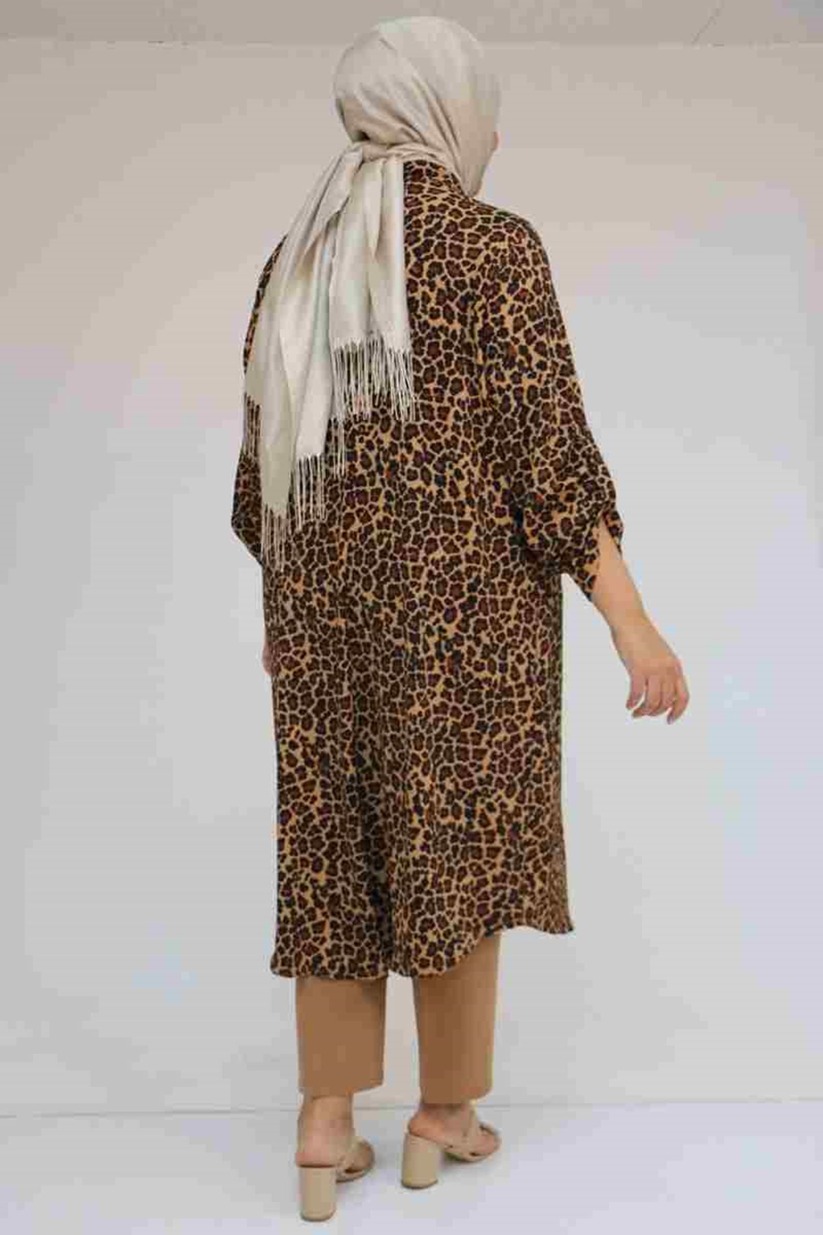 F-58097 Büyük Beden Desenli Bürümcük Düğmeli Gömlek - Siyah-Leopar