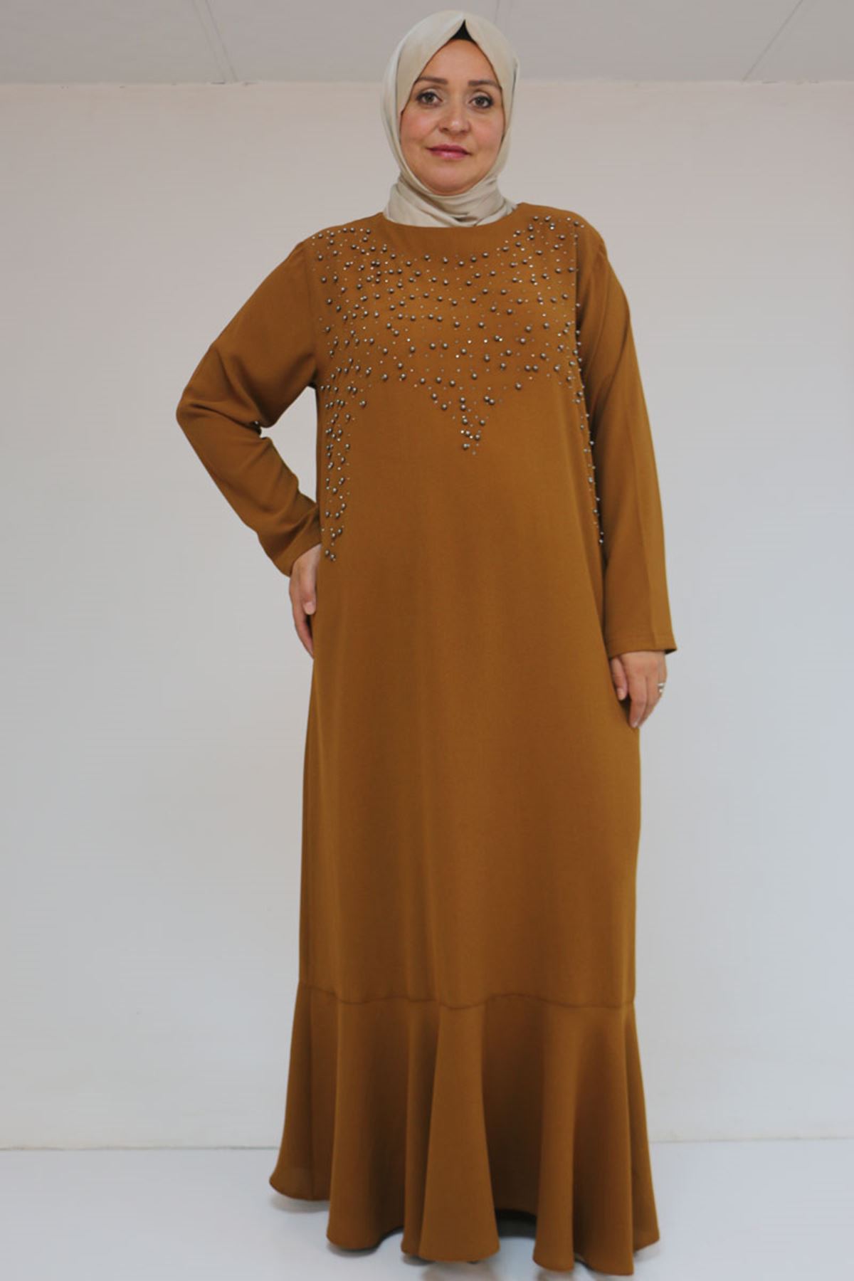 52025 Büyük Beden Etek Ucu Volanlı Taş Detaylı Elbise - hardal
