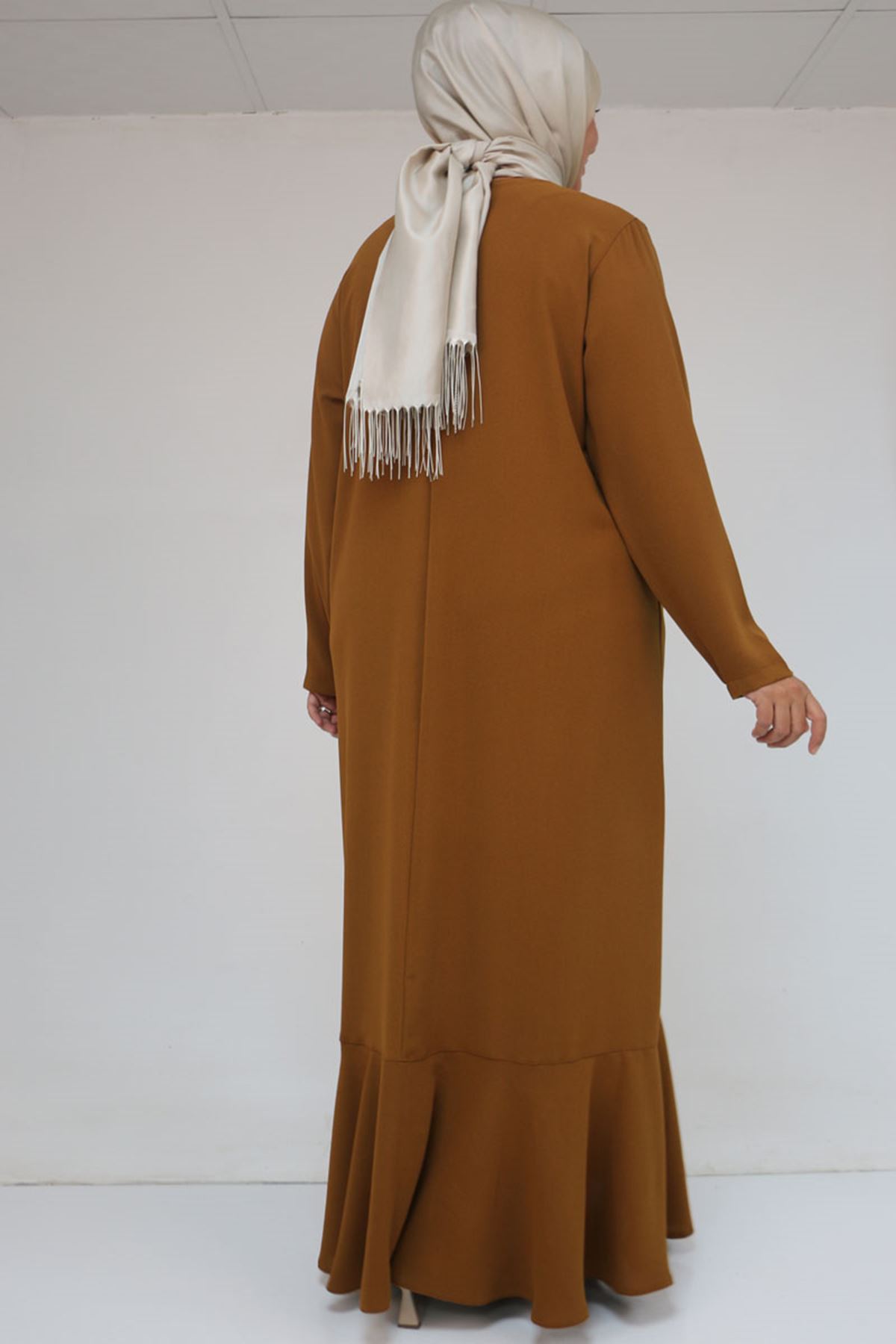 52025 Büyük Beden Etek Ucu Volanlı Taş Detaylı Elbise - hardal