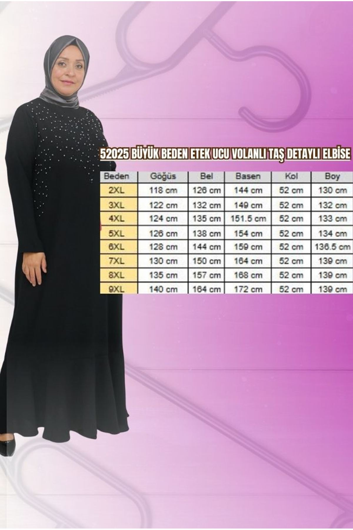 52025 Büyük Beden Etek Ucu Volanlı Taş Detaylı Elbise - hardal