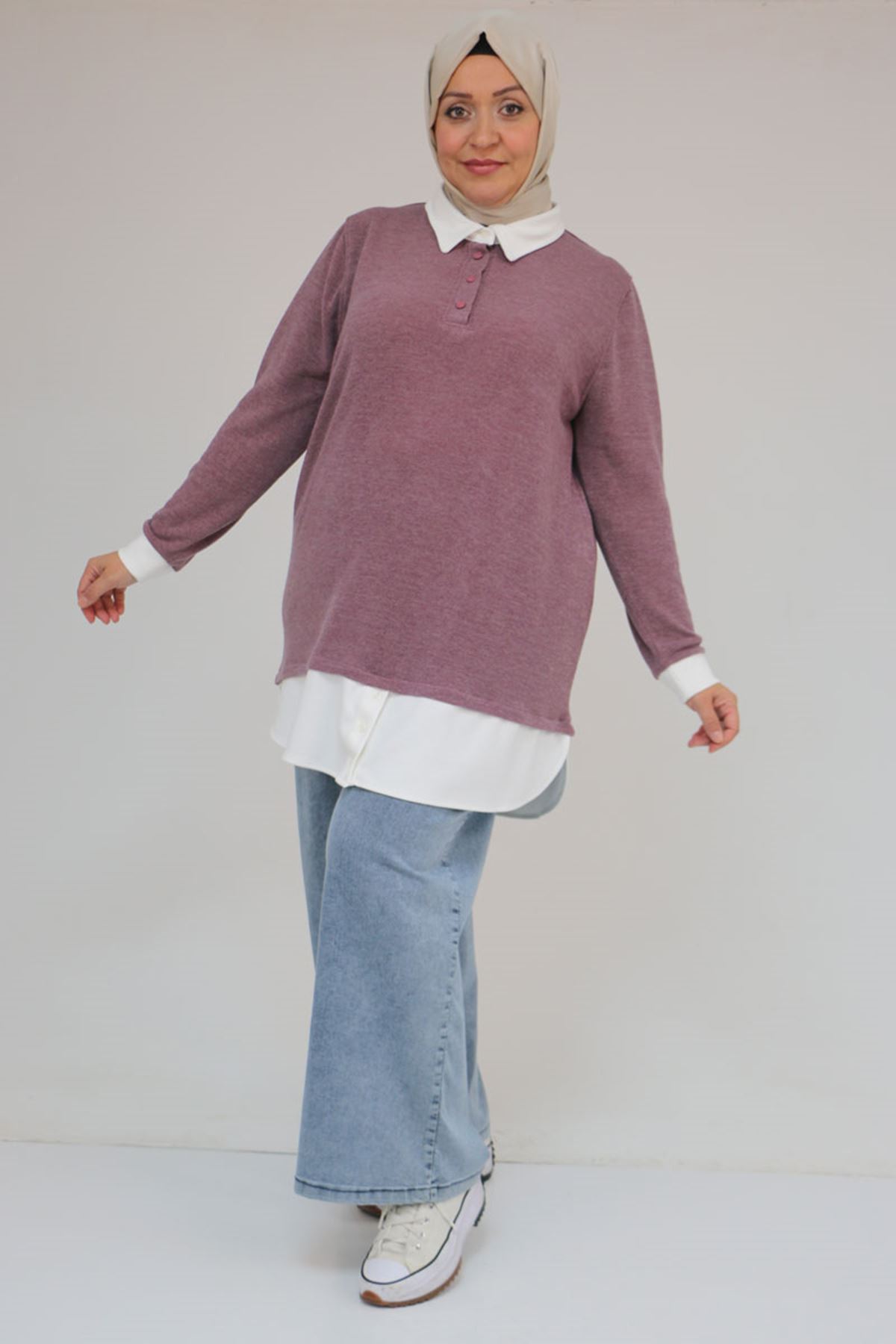 58159 Büyük Beden Gömlek Yaka Görünümlü Garnili Mir Tunik - Gül Kurusu