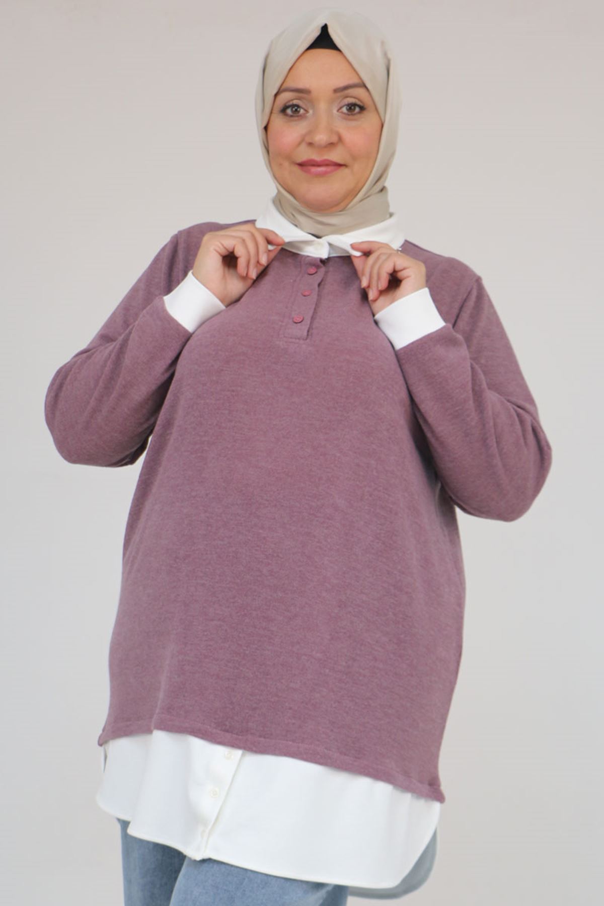 58159 Büyük Beden Gömlek Yaka Görünümlü Garnili Mir Tunik - Gül Kurusu