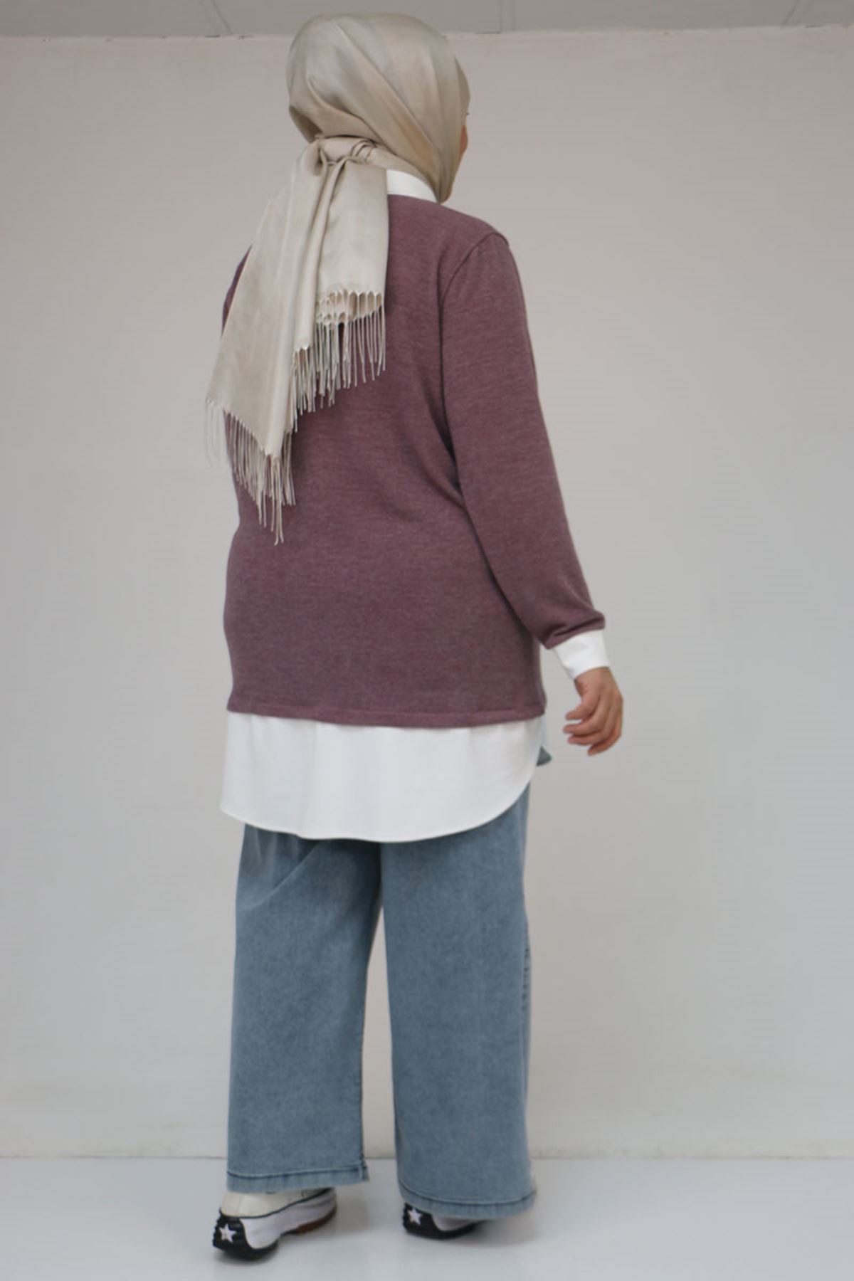 58159 Büyük Beden Gömlek Yaka Görünümlü Garnili Mir Tunik - Gül Kurusu