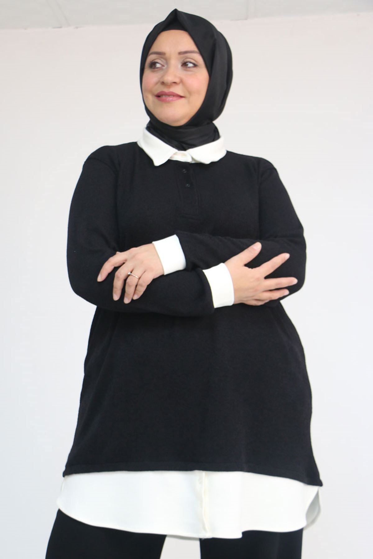 58159 Büyük Beden Gömlek Yaka Görünümlü Garnili Mir Tunik - Siyah