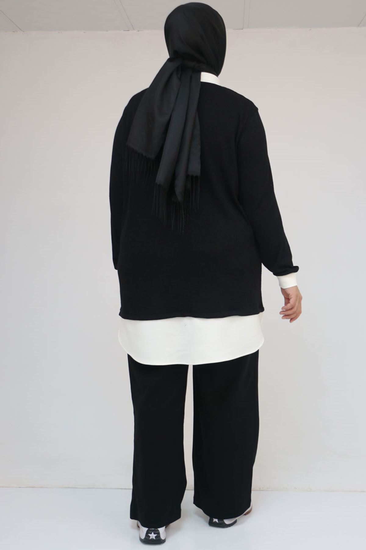 58159 Büyük Beden Gömlek Yaka Görünümlü Garnili Mir Tunik - Siyah