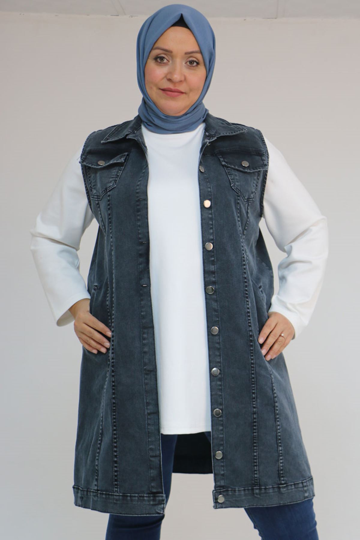 D-44002 Büyük Beden Çift Cepli Kot Yelek - Kar Yıkama Siyah