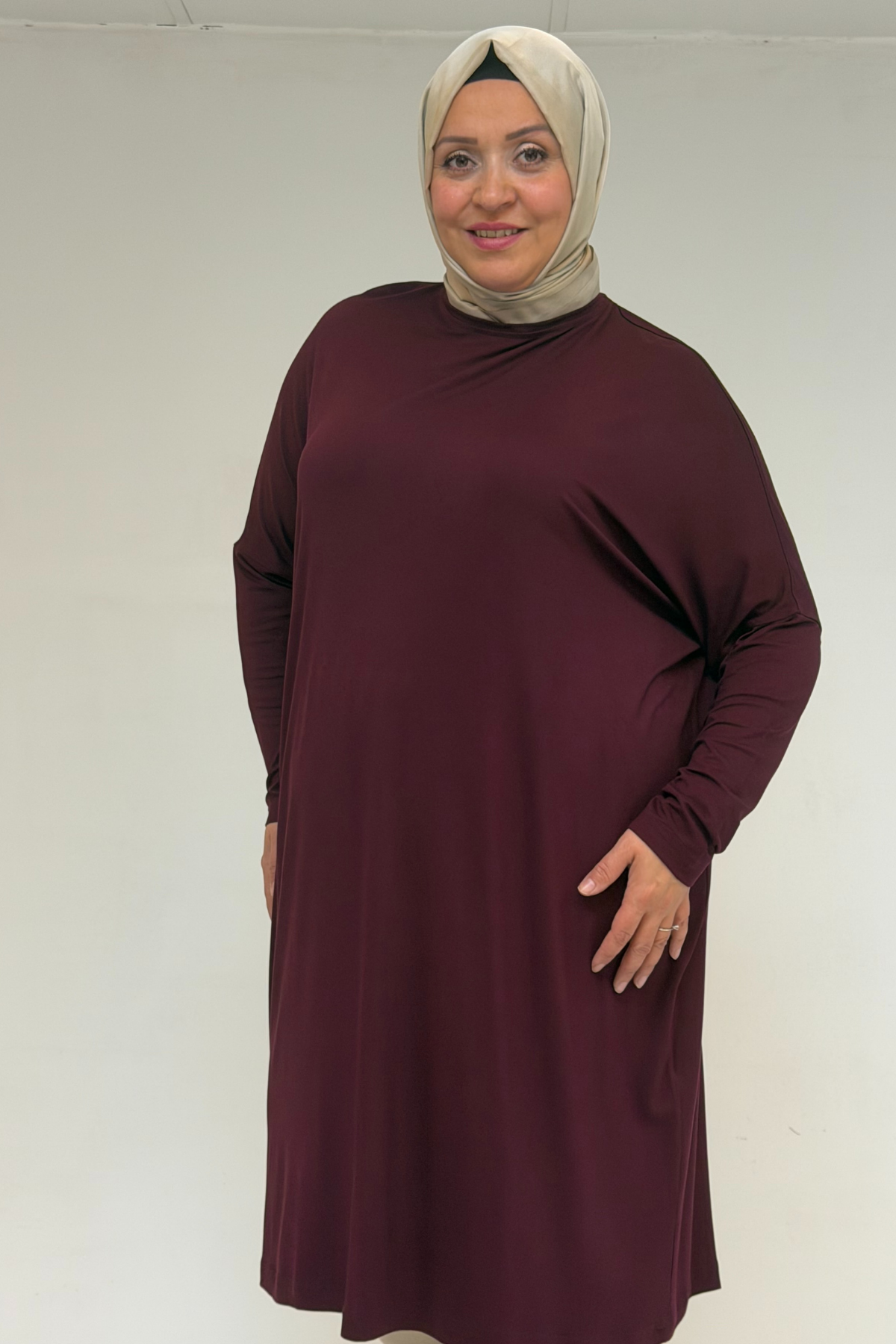 28092 Large Size Low Sleeve Combed Cotton Tunic-Plum