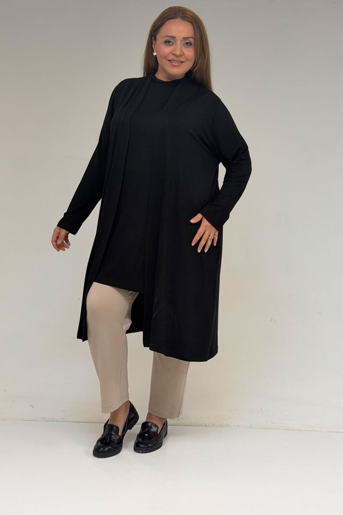 58501 Büyük Beden Hakim Yakalı Penye İçlik - Siyah