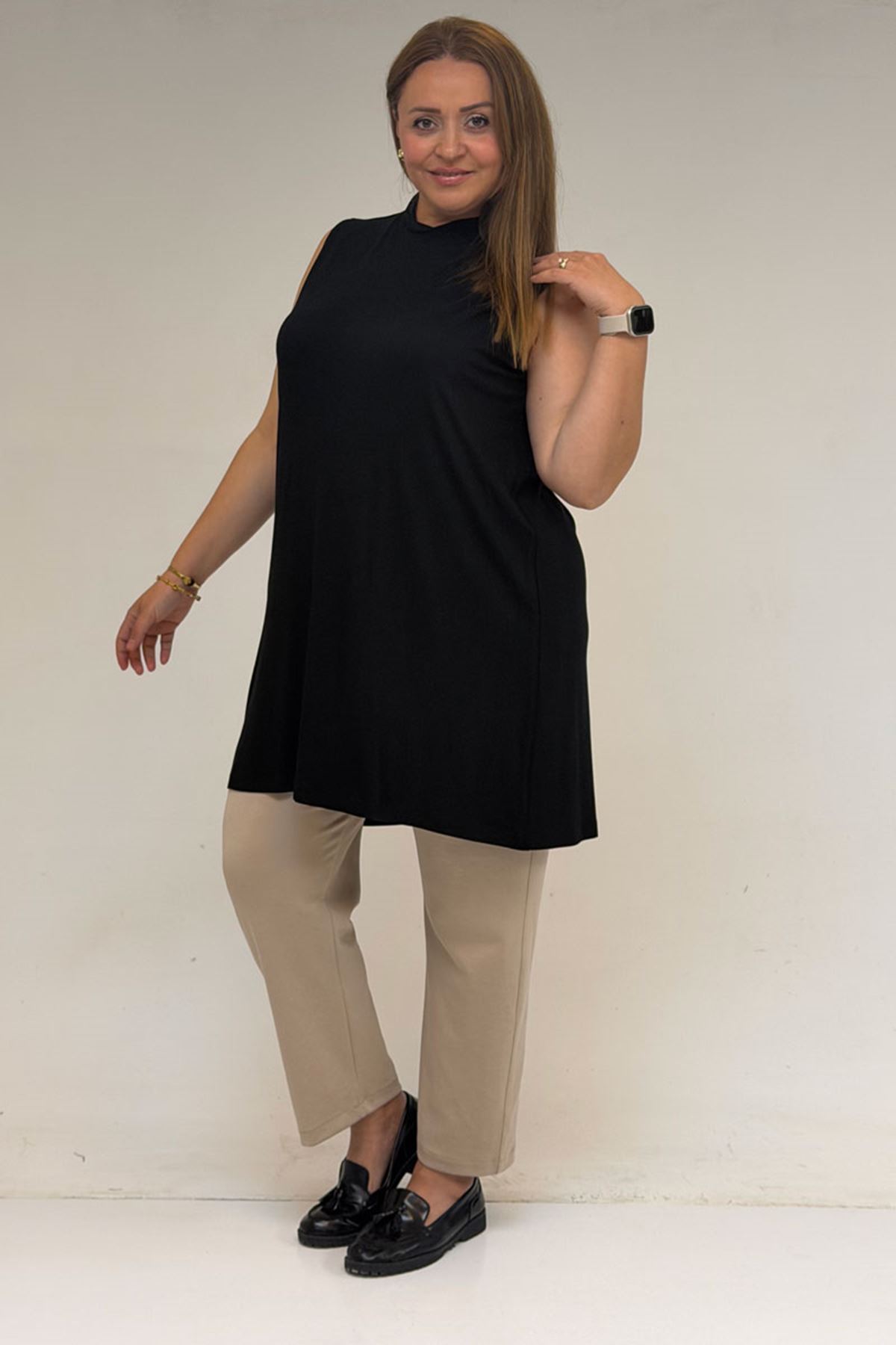 58501 Büyük Beden Hakim Yakalı Penye İçlik - Siyah