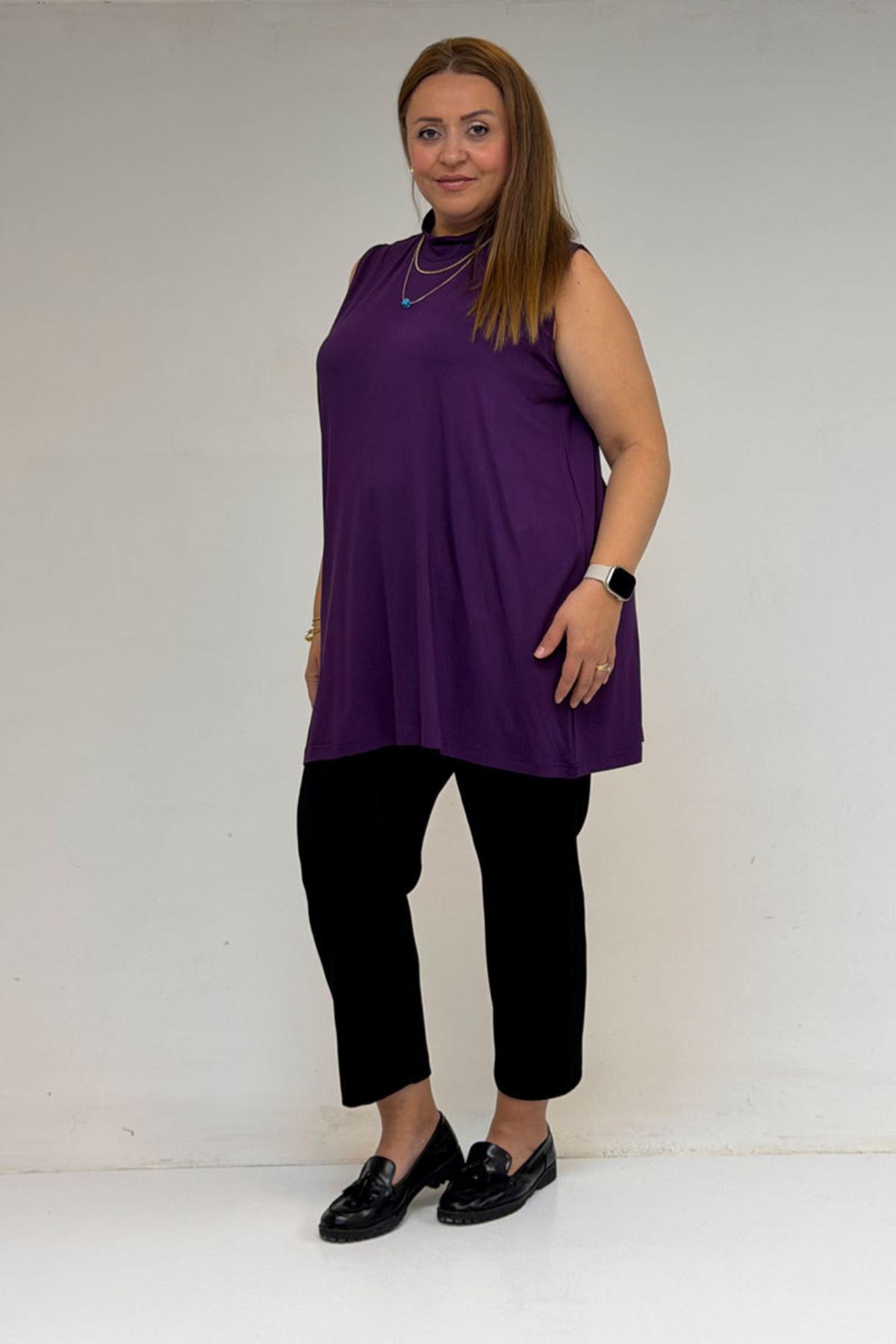 58501 Büyük Beden Hakim Yakalı Penye İçlik - Mor