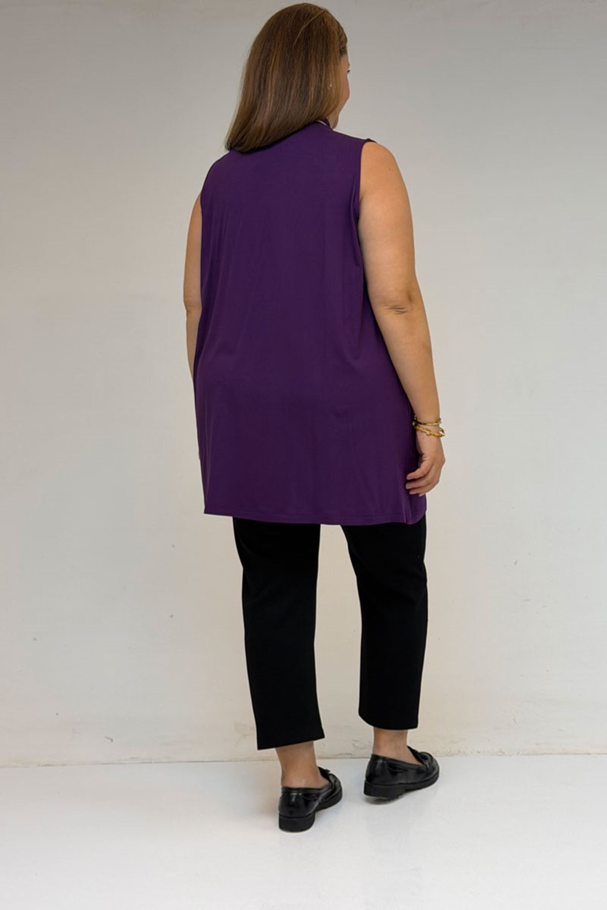 58501 Büyük Beden Hakim Yakalı Penye İçlik - Mor