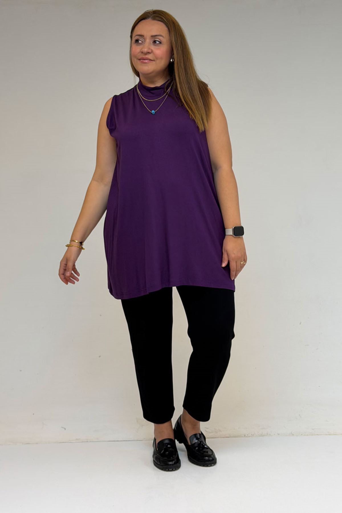 58501 Büyük Beden Hakim Yakalı Penye İçlik - Mor