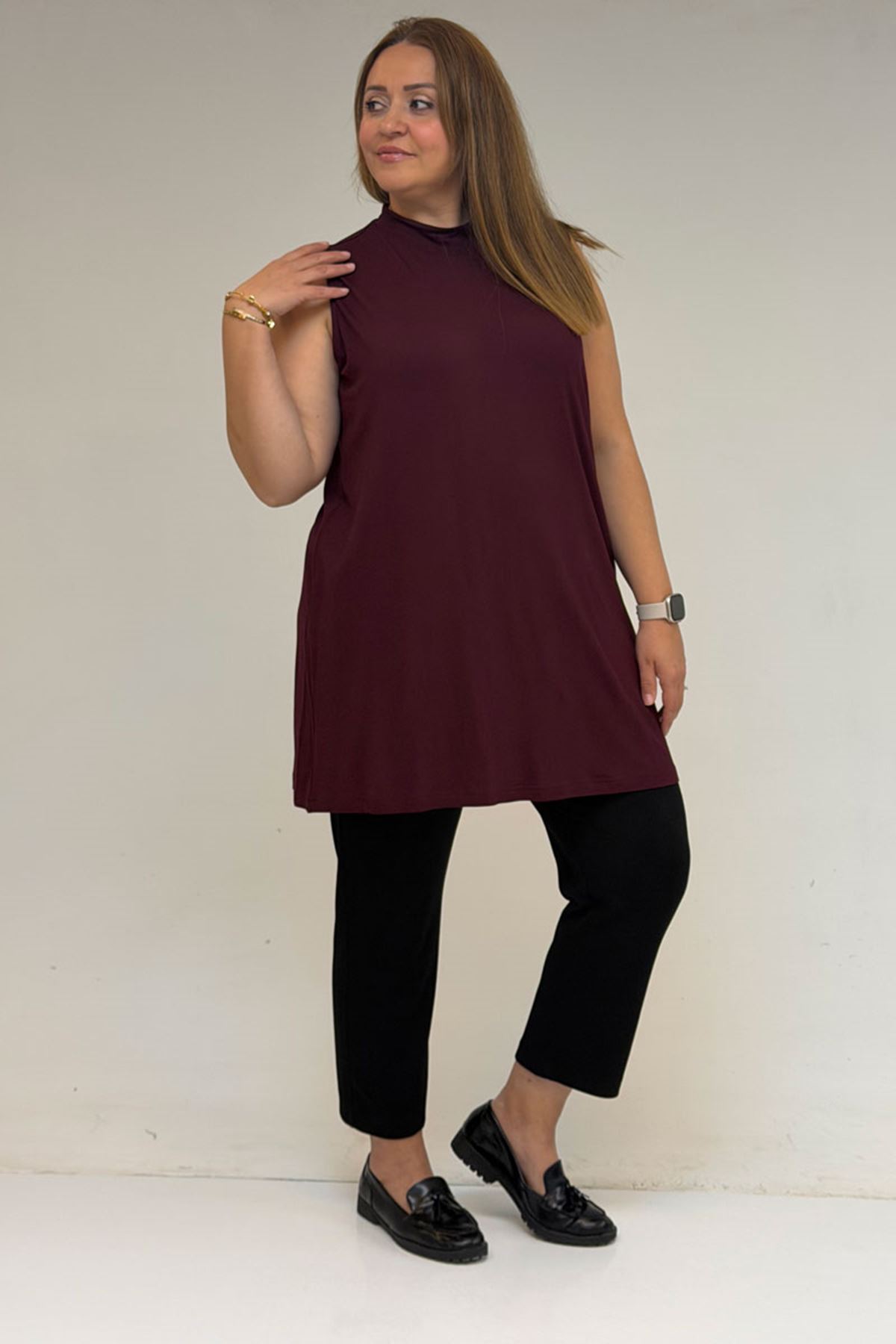 58501 Büyük Beden Hakim Yakalı Penye İçlik - Bordo