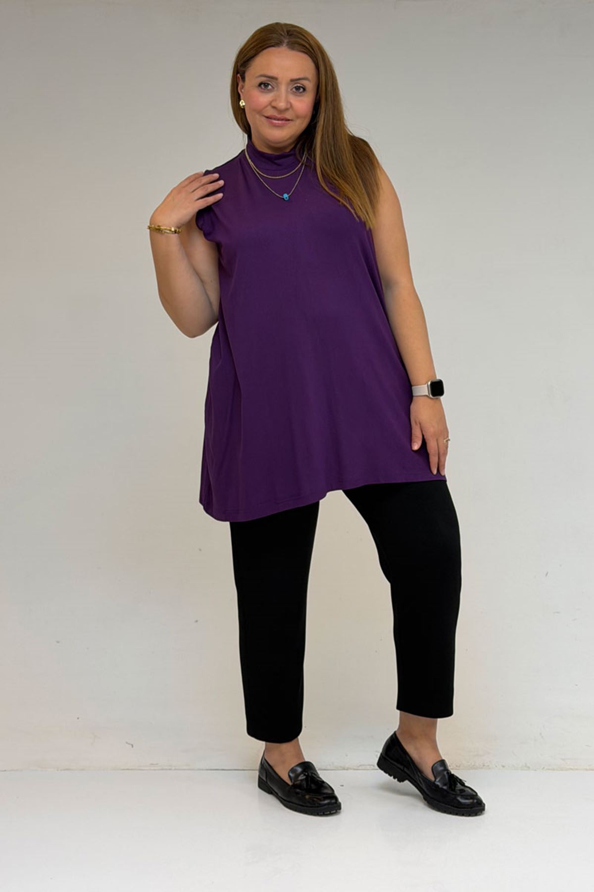 58501 Büyük Beden Hakim Yakalı Penye İçlik - Mürdüm