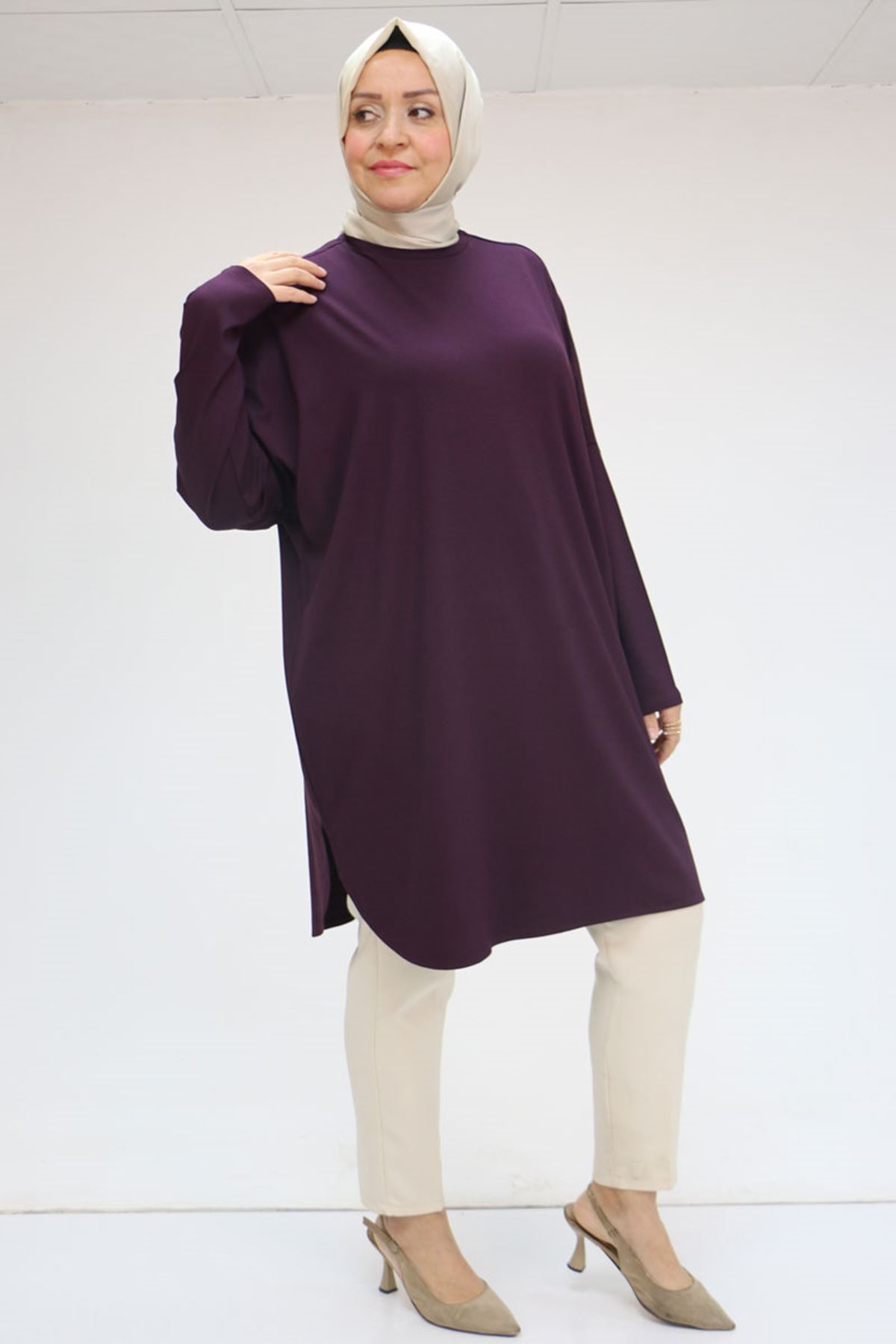 38111 Büyük Beden Basic Penye Tunik - Mor