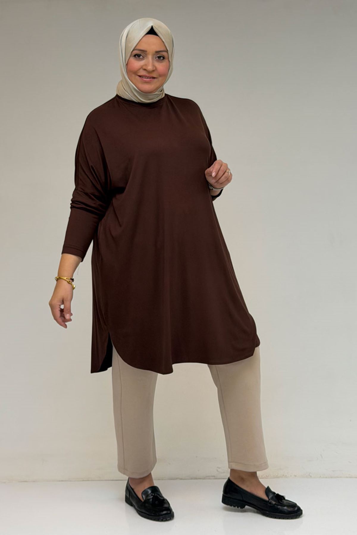 38111 Plus Size Basic Combed Cotton Tunic - Brown