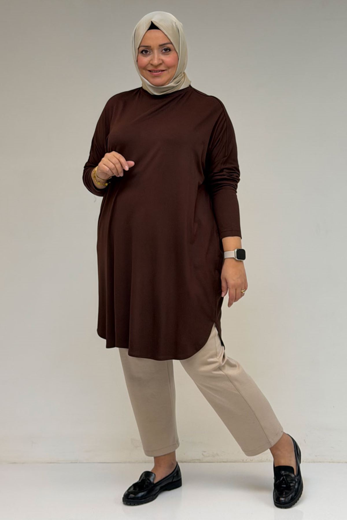 38111 Plus Size Basic Combed Cotton Tunic - Brown