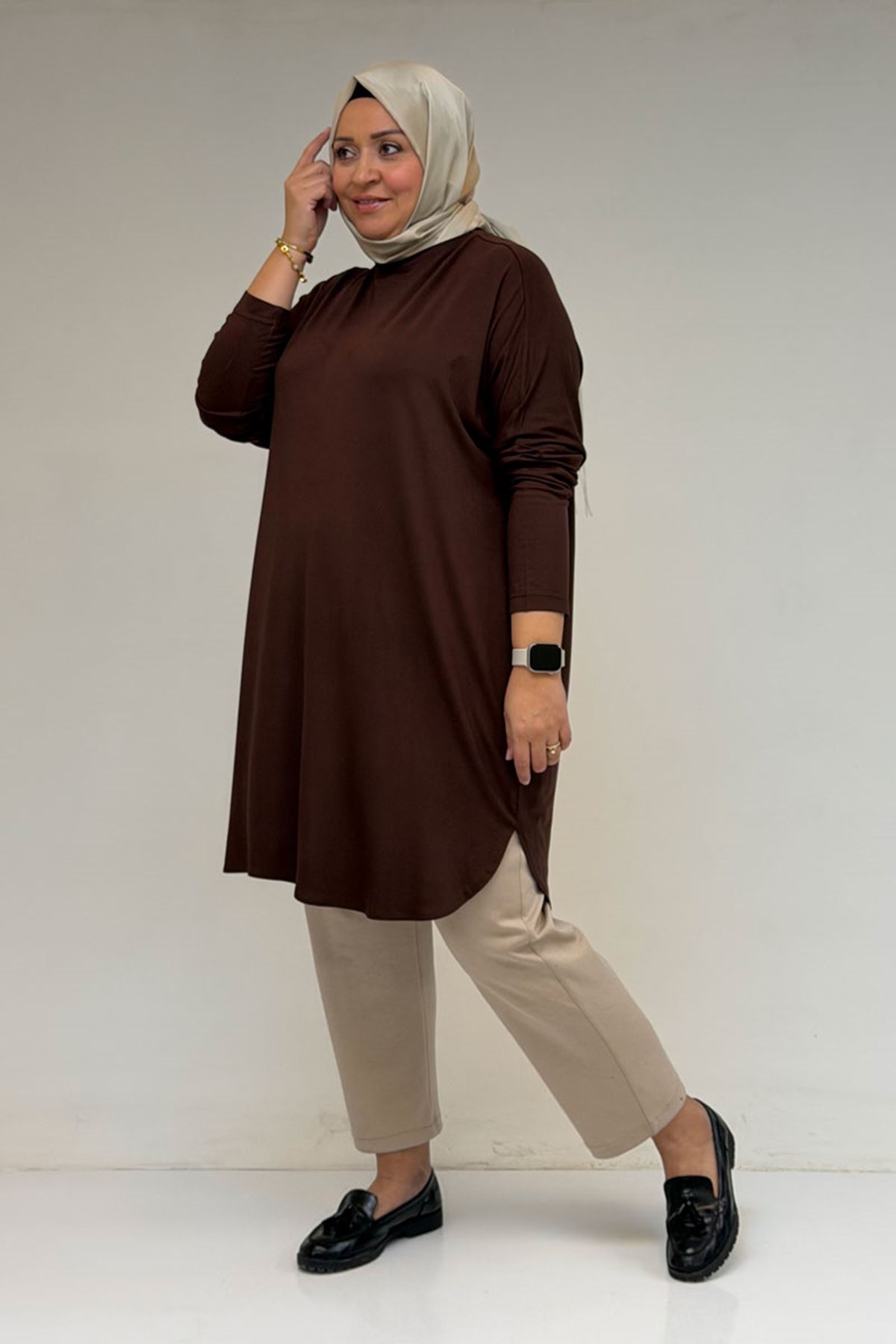 38111 Plus Size Basic Combed Cotton Tunic - Brown