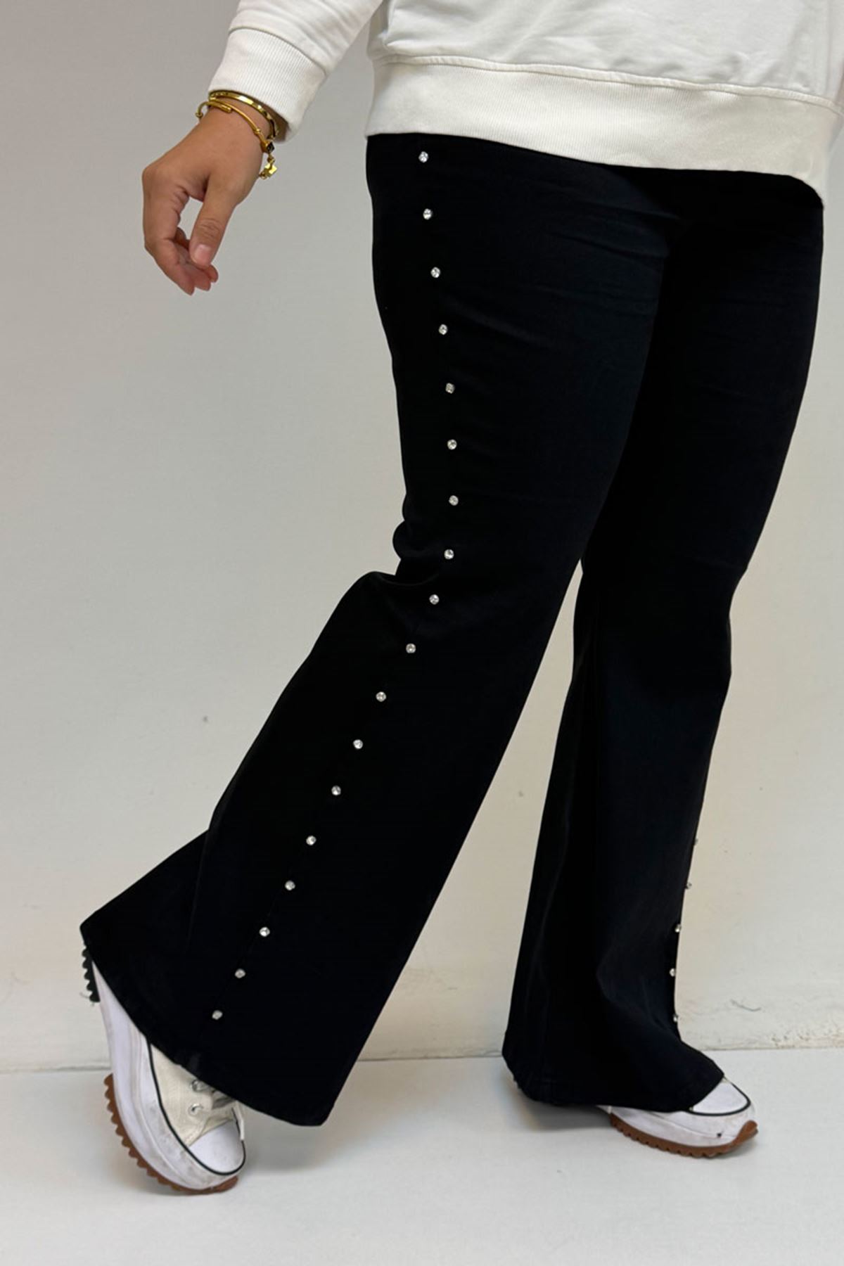 59040 Büyük Beden İspanyol  Paça Taş Baskı Detaylı Kot Pantolon - Siyah