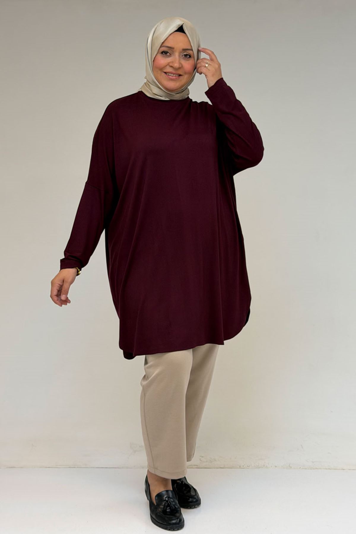 38111 Büyük Beden Basic Penye Tunik -Bordo