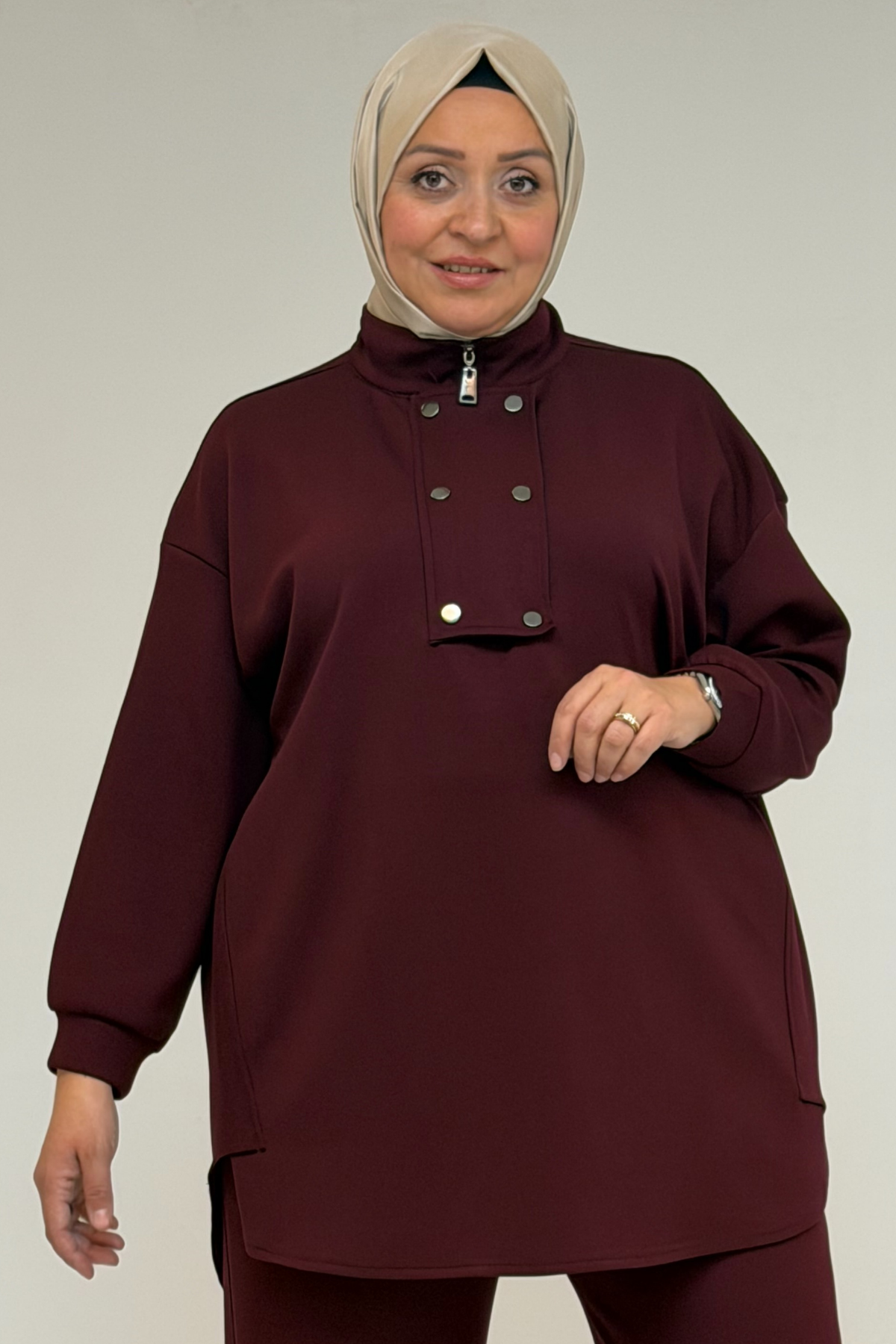 57034 Büyük Beden Çift Düğme Detaylı Modal Pantolonlu Takım - Bordo