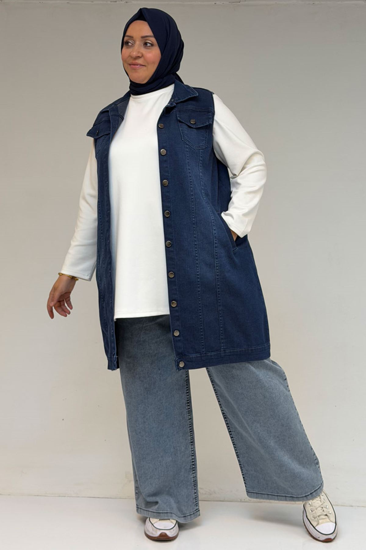 44002-1 Büyük Beden Çift Cepli Sprey Taşlama Detaylı Kot Yelek  -Mavi