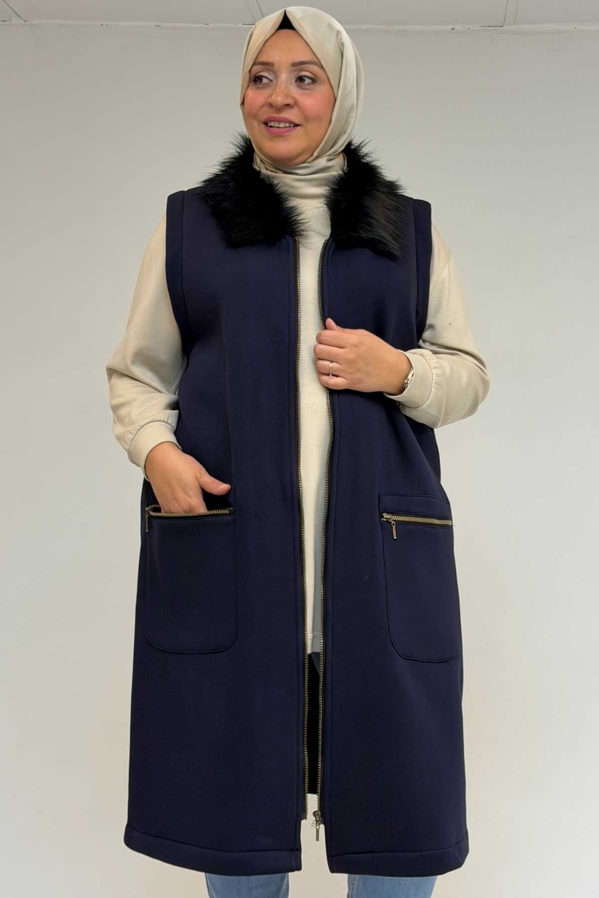 D-44006 Büyük Beden Cepleri Fermuarlı Üç İplik Yelek - Lacivert 