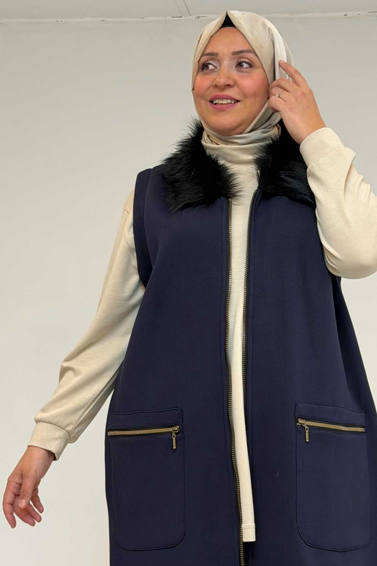 D-44006 Büyük Beden Cepleri Fermuarlı Üç İplik Yelek - Lacivert 