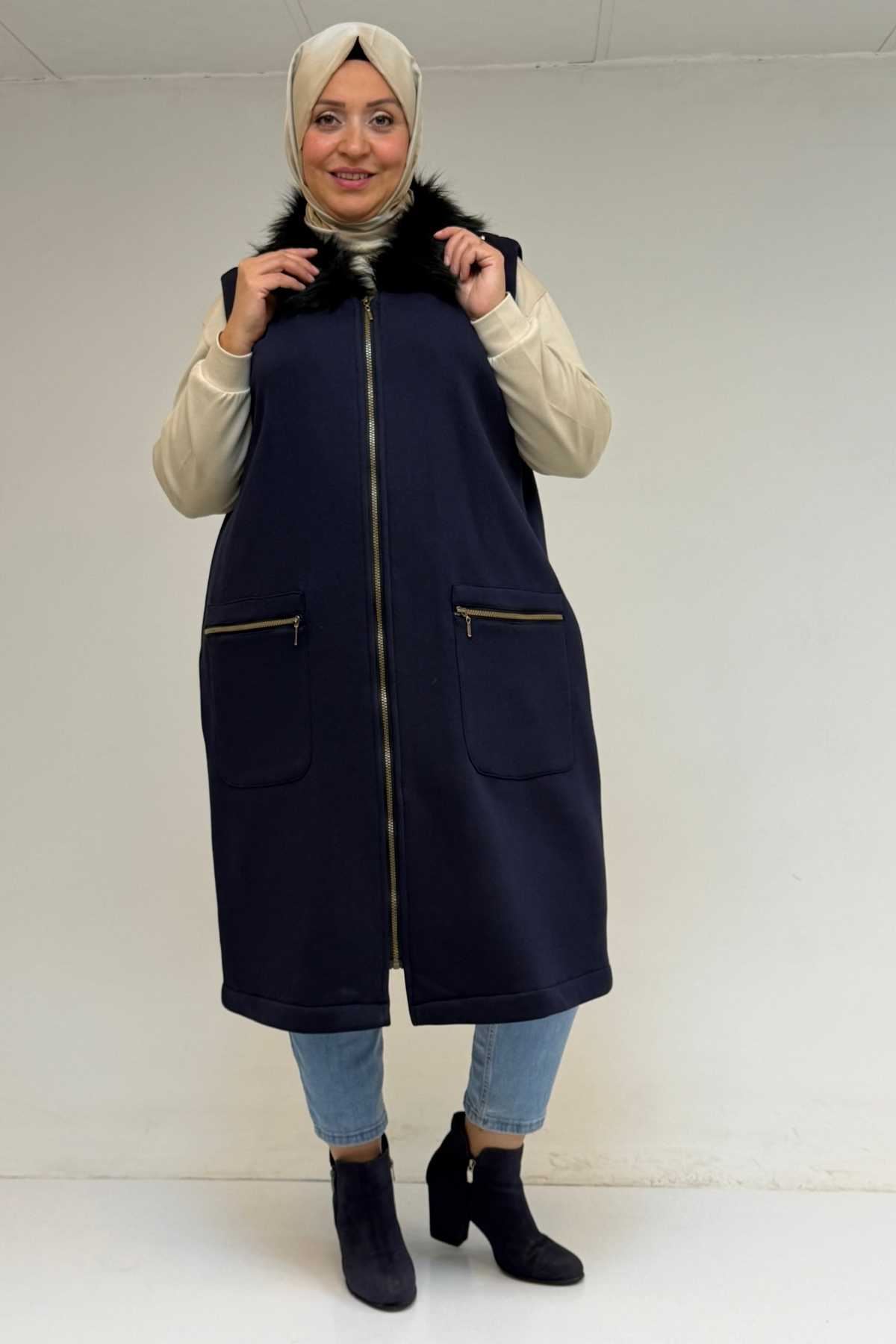 D-44006 Büyük Beden Cepleri Fermuarlı Üç İplik Yelek - Lacivert 