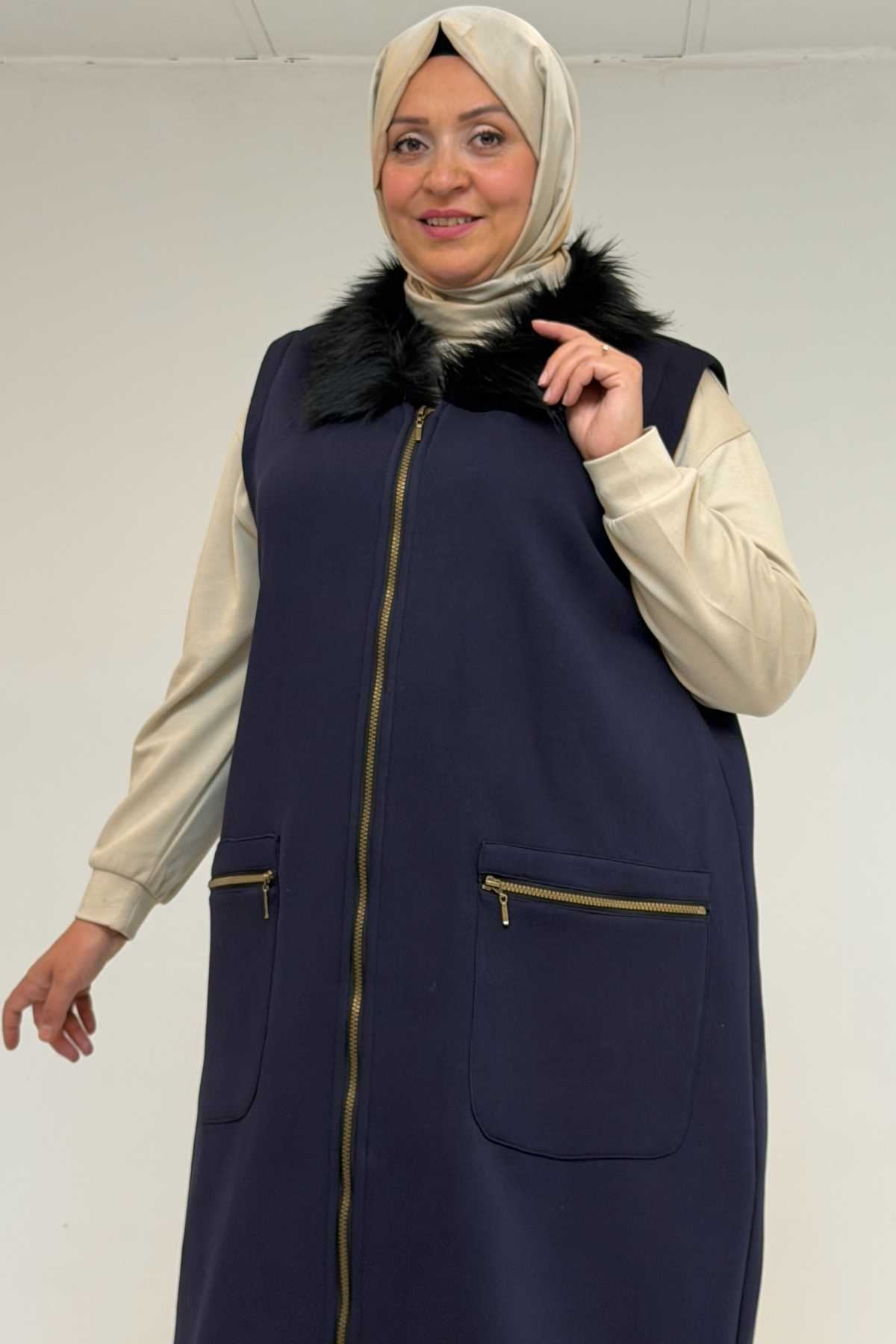 D-44006 Büyük Beden Cepleri Fermuarlı Üç İplik Yelek - Lacivert 