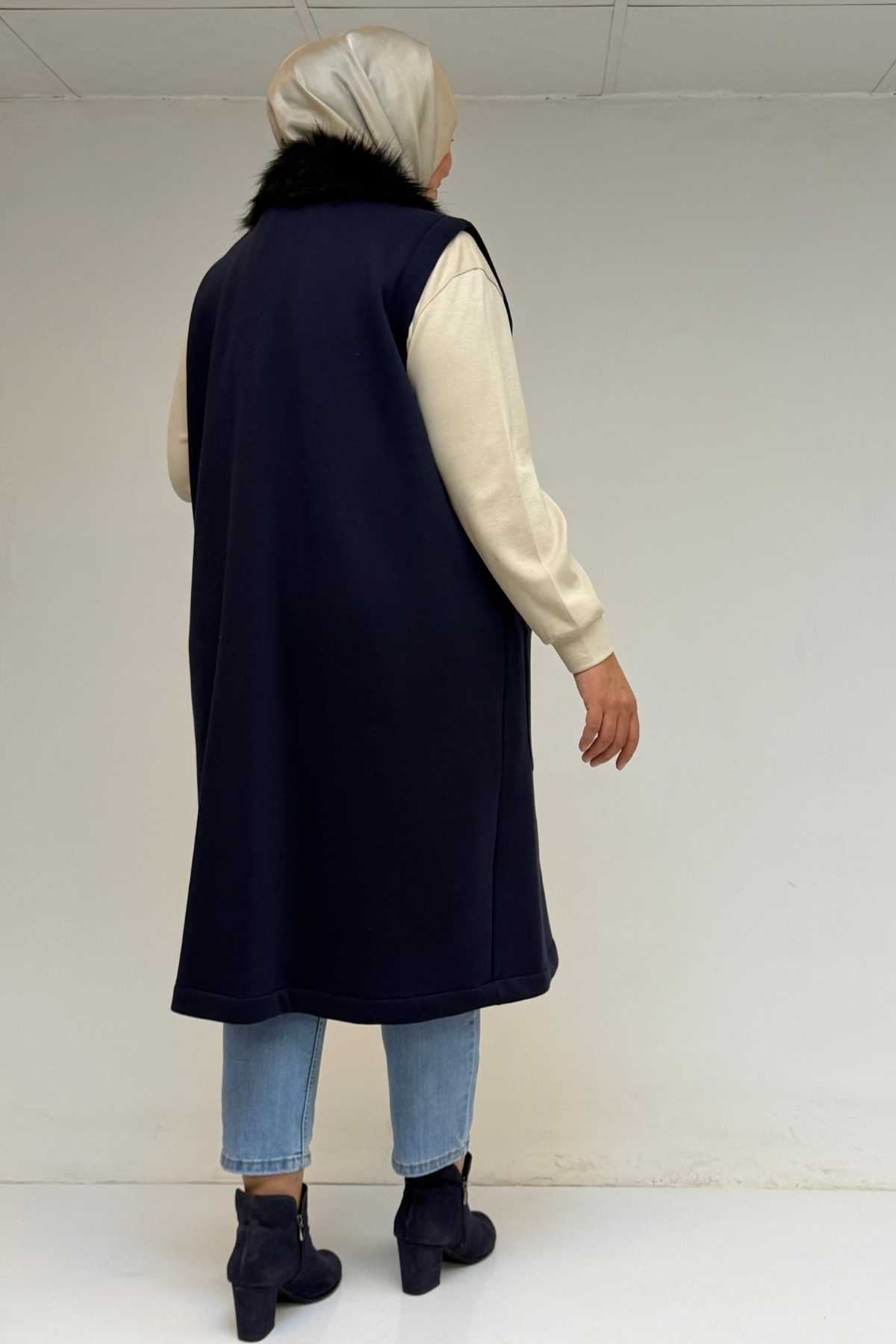 D-44006 Büyük Beden Cepleri Fermuarlı Üç İplik Yelek - Lacivert 