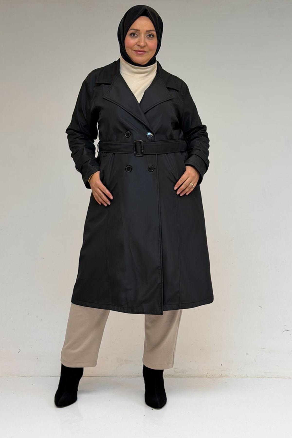 33094 Plus Size Bondit Belted Trench Coat-Black