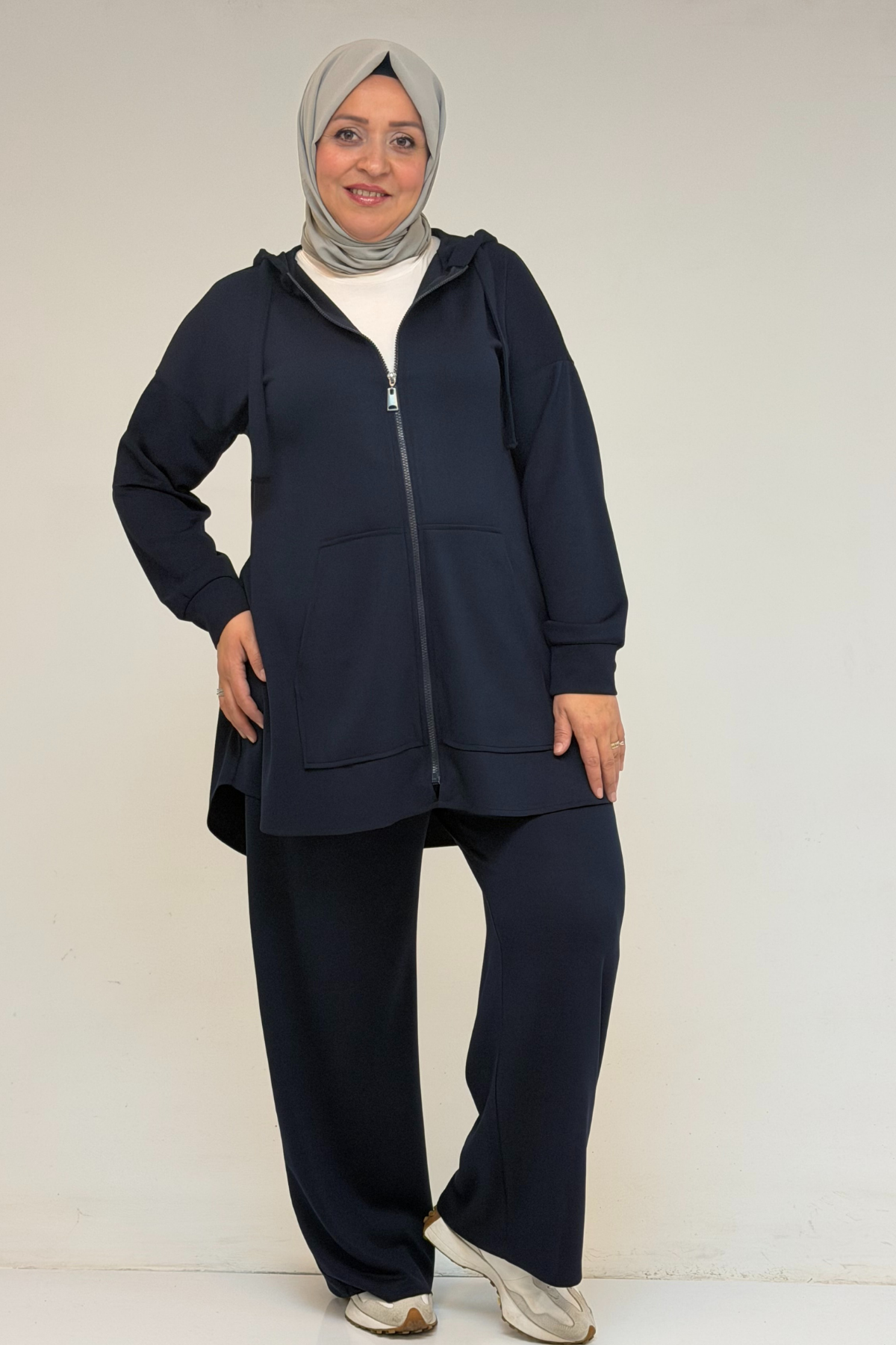 57022 Büyük Beden Kanguru Cepli Fermuarlı  Modal Pantolonlu  Takım -Lacivert