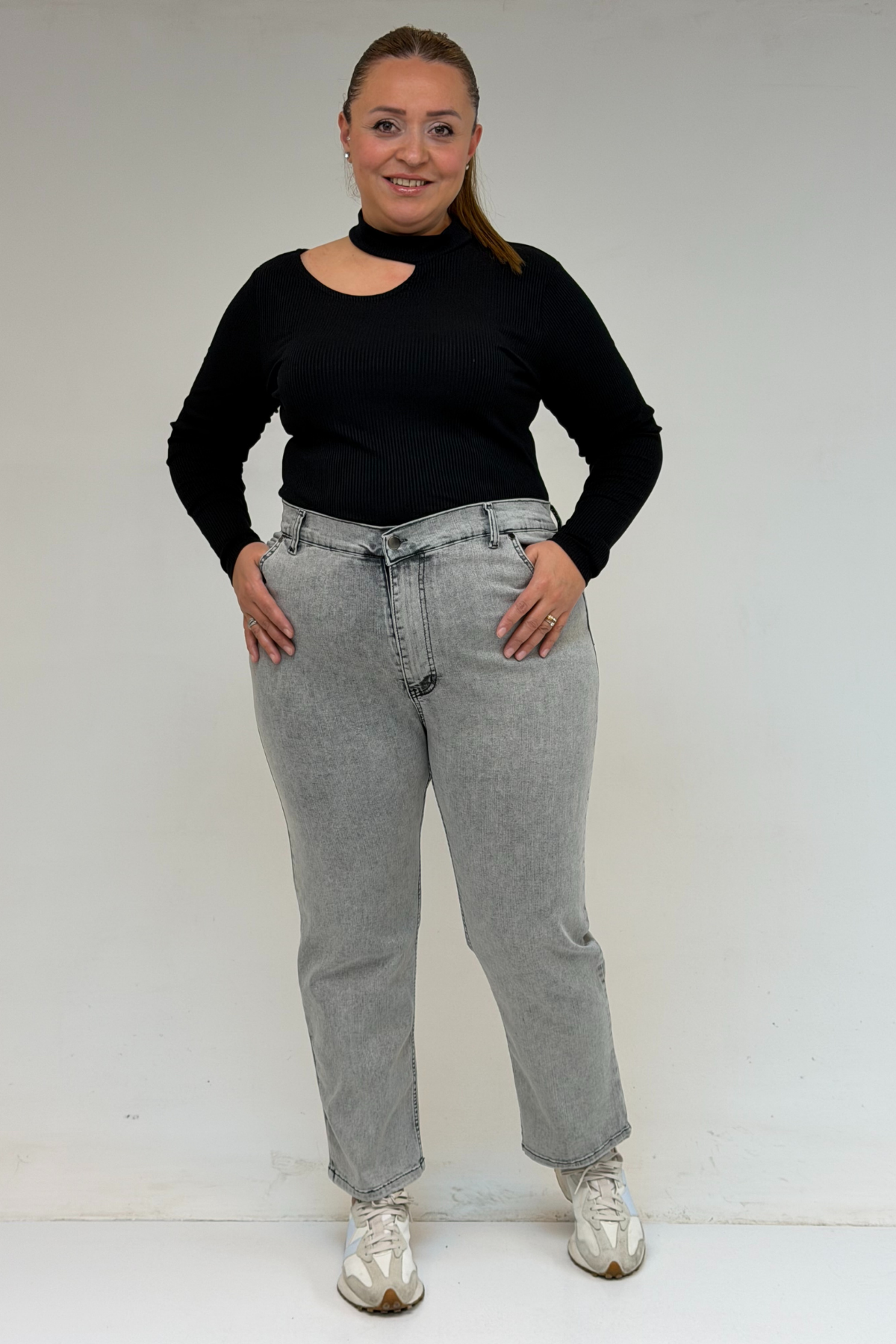 9185-4 Büyük Beden Taşlamalı Boru Paça  Kot Pantolon -Kar Yıkama Gri