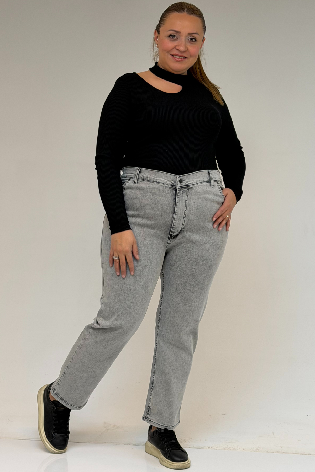 9125-6 Büyük Beden Boy Friend Kot Pantolon -  Kar Yıkama Gri